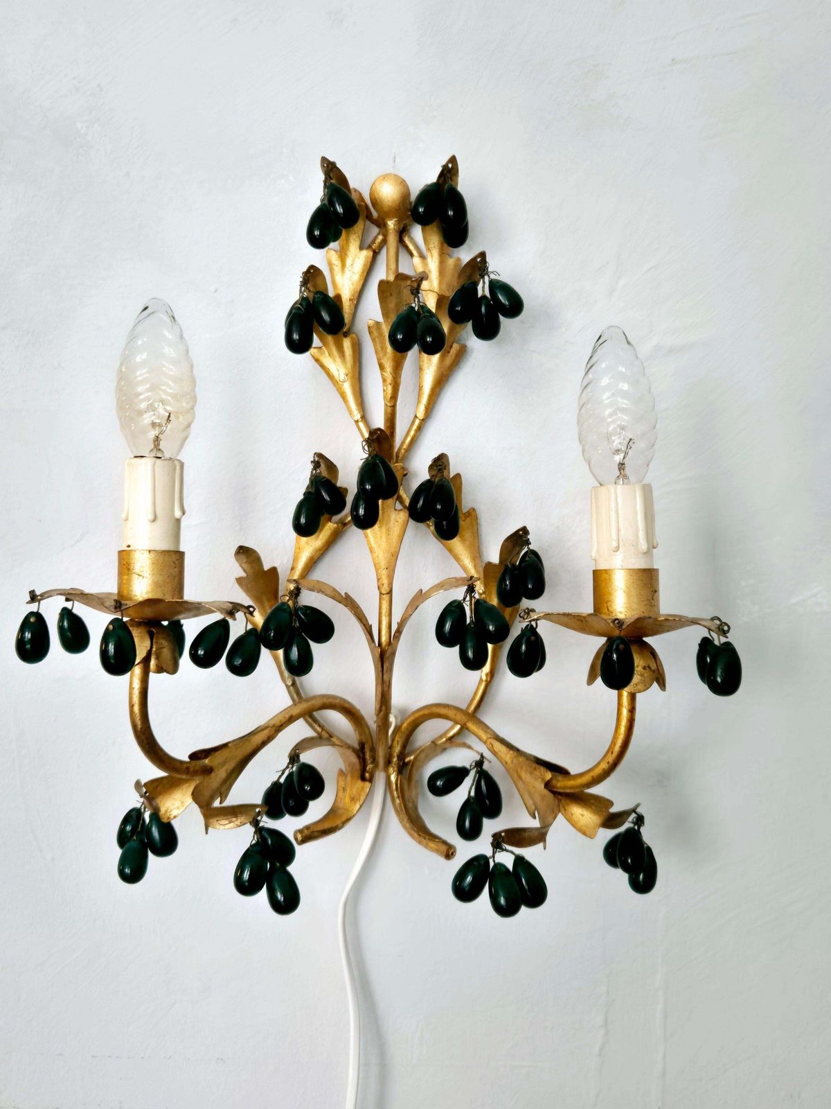 Wall Lights, Gilted Metal With Green Glass Drops, Italien Mid 1900s Regency photo buy