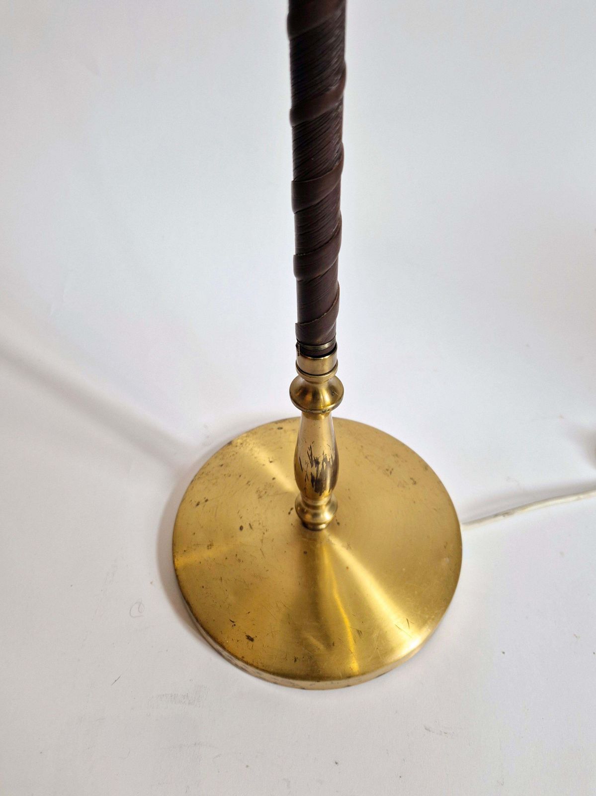 photo for sale Floor Lamp In Brass With Dark Brown Leather Trim, Swedish / Scandinavian Modern