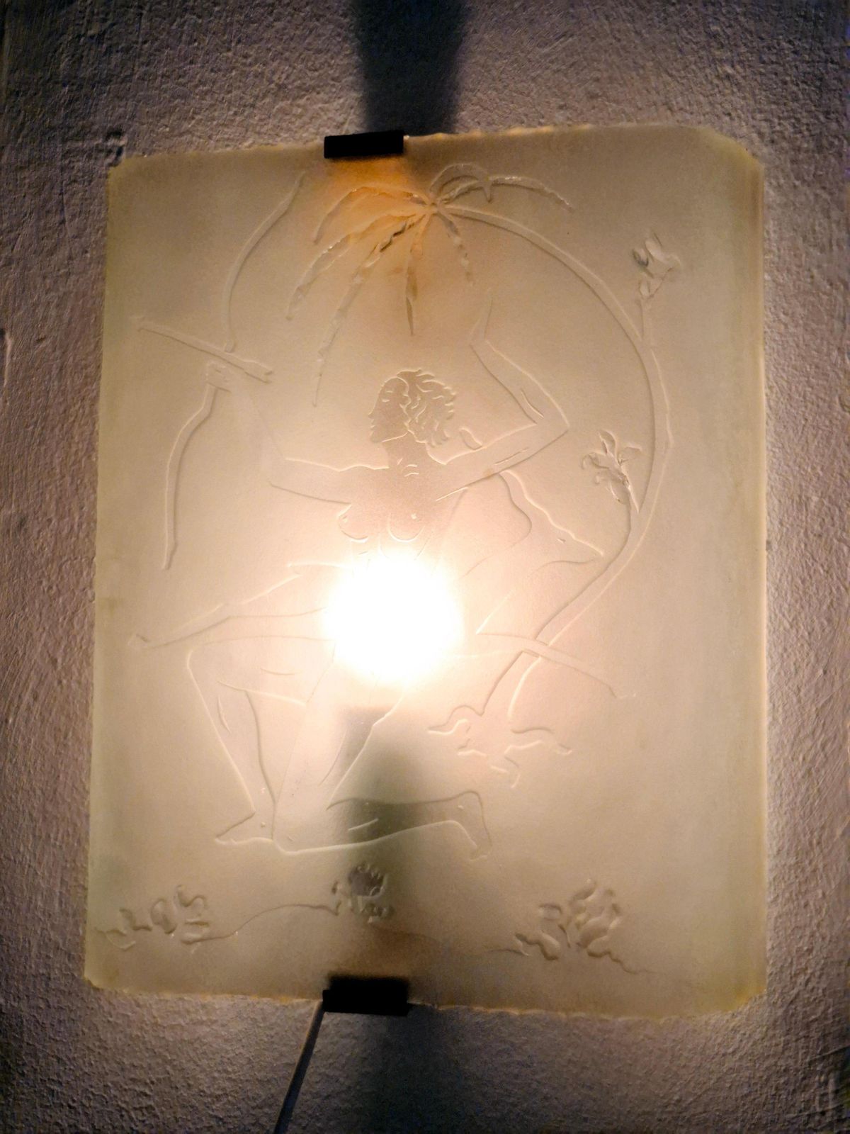 Wall Sconce, Etched Glass With Decor Of Huntress Diana With Stag, Swedish Modern photo vintage