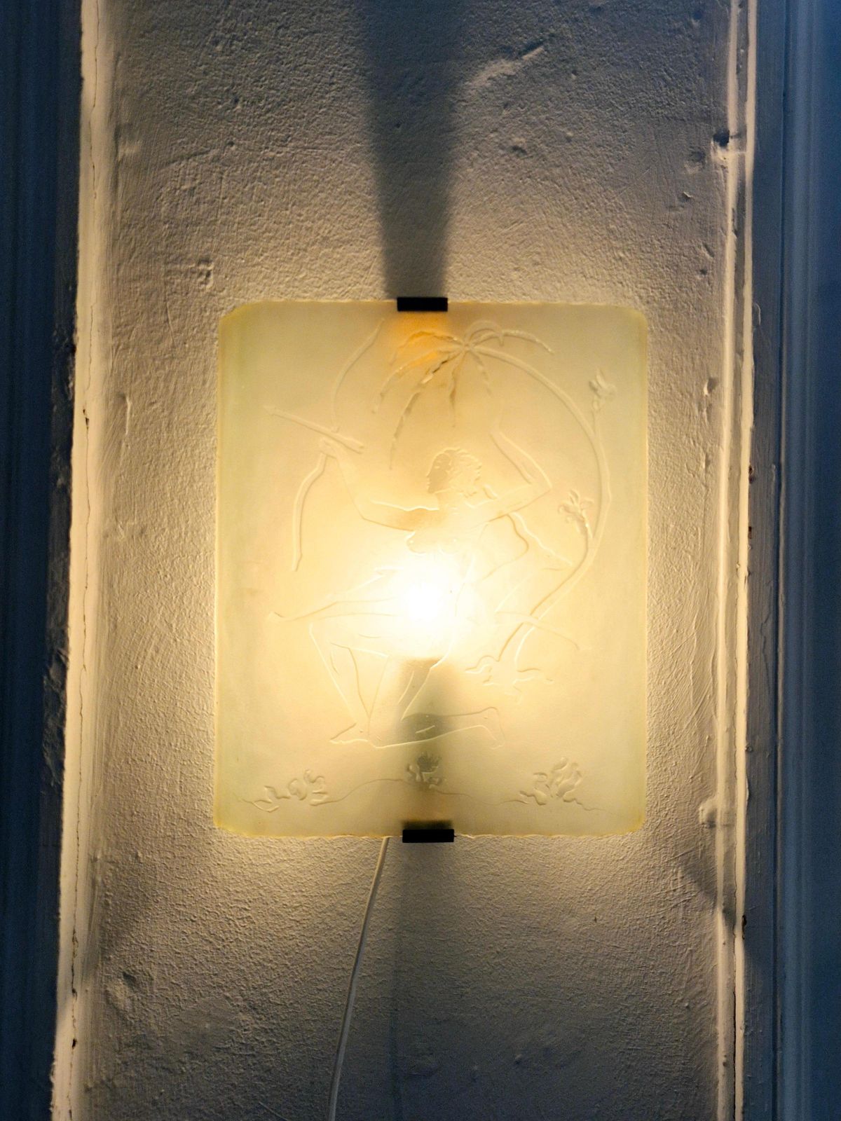 photo furniture Wall Sconce, Etched Glass With Decor Of Huntress Diana With Stag, Swedish Modern