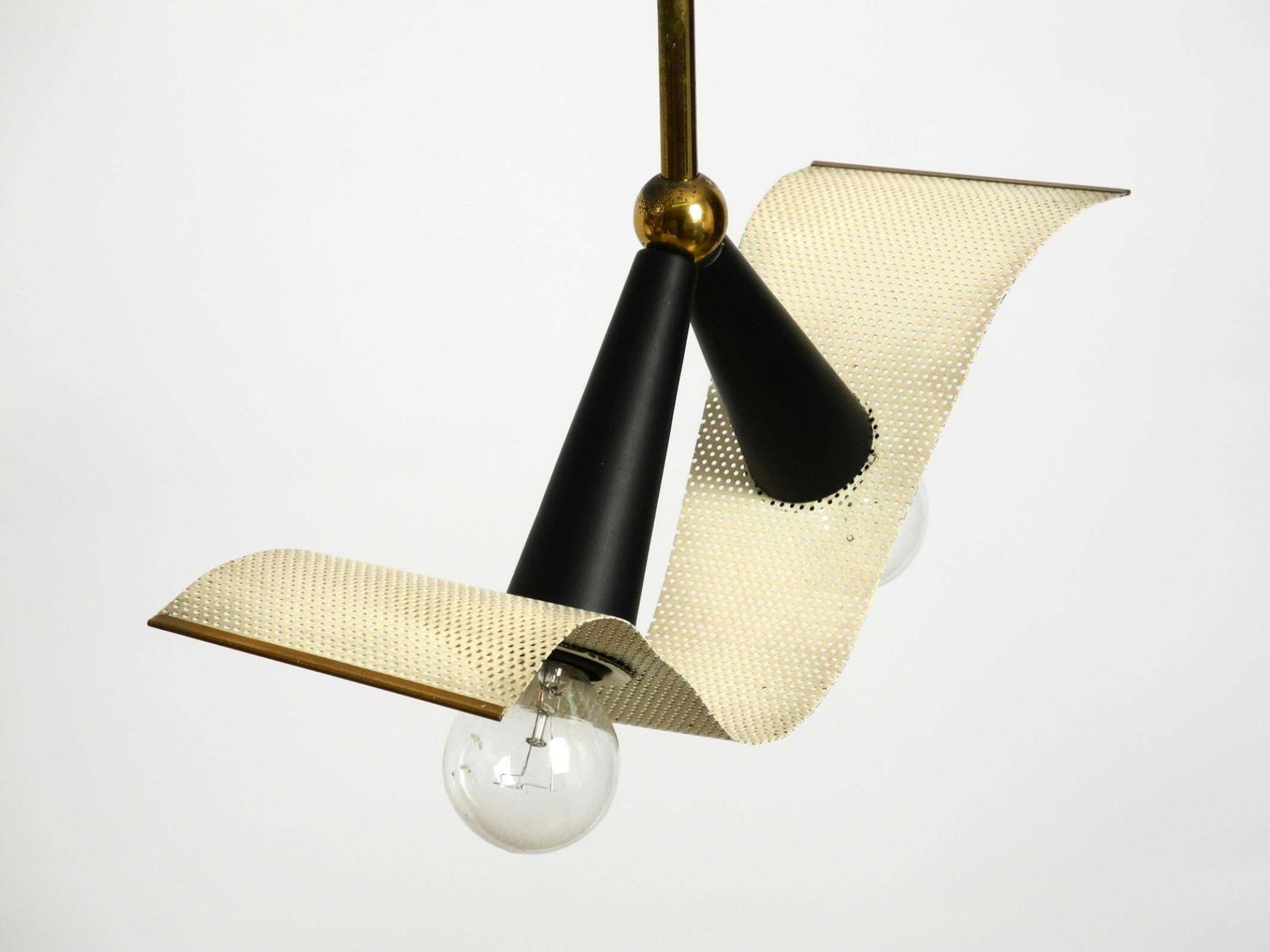 Mid Century Brass Ceiling Cone Lamp With A Curved Perforated Sheet Lampshade photo buy