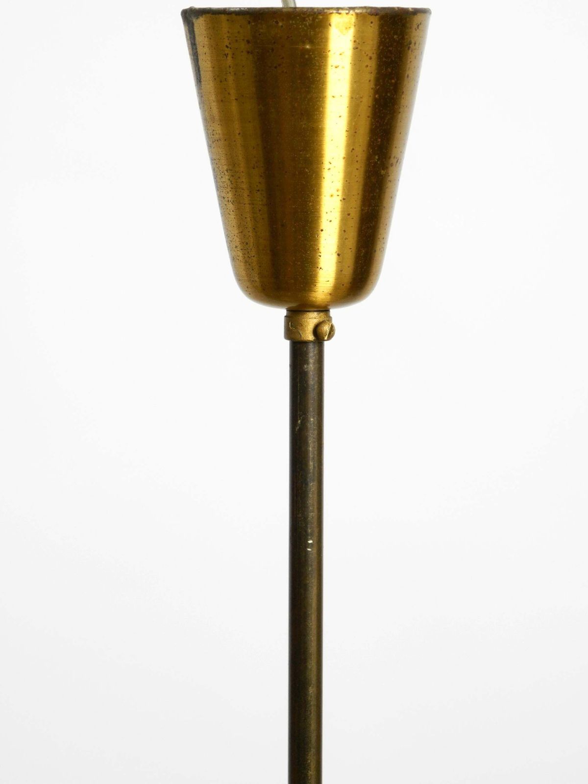 photo for sale Mid Century Brass Ceiling Cone Lamp With A Curved Perforated Sheet Lampshade