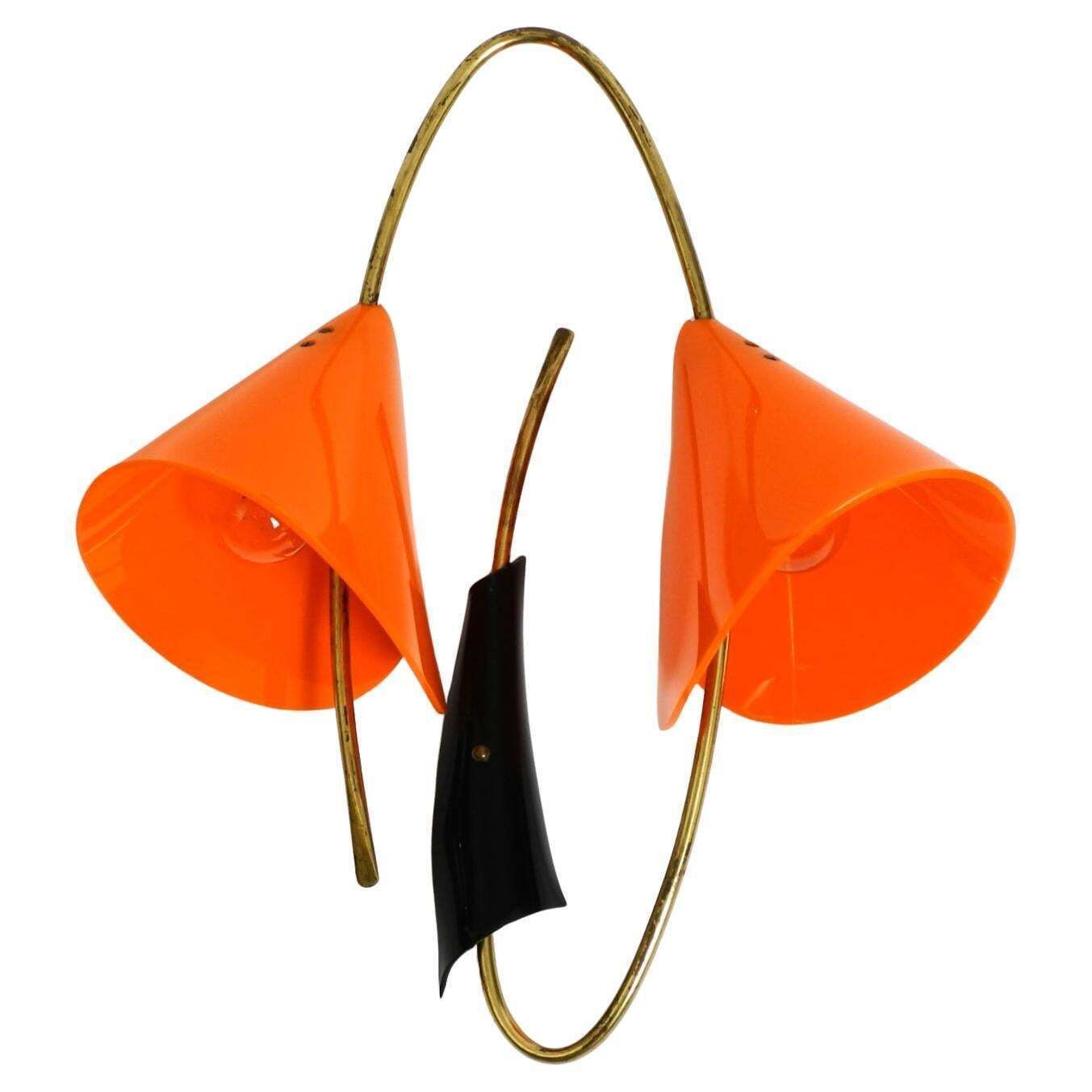 Large Italian Mid Century Brass Wall Lamp With Orange Acrylic Glass Shades