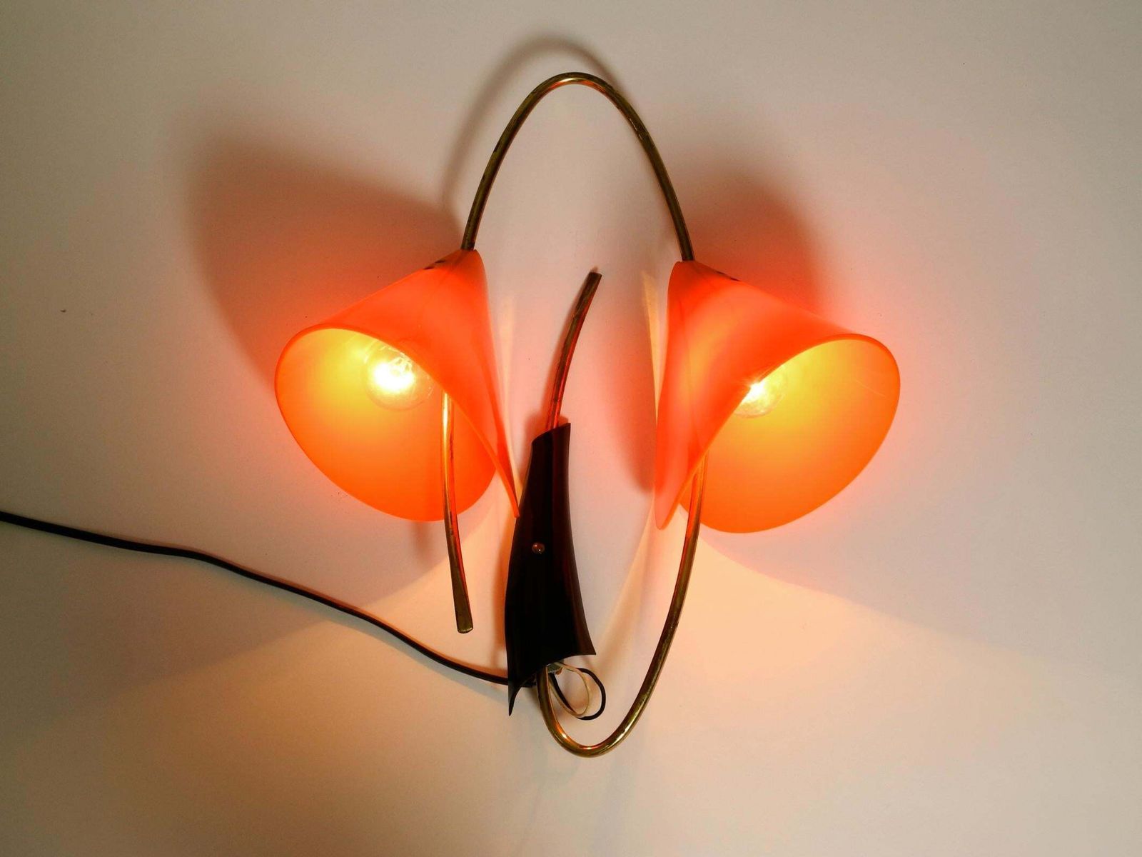 Large Italian Mid Century Brass Wall Lamp With Orange Acrylic Glass Shades photo for sale