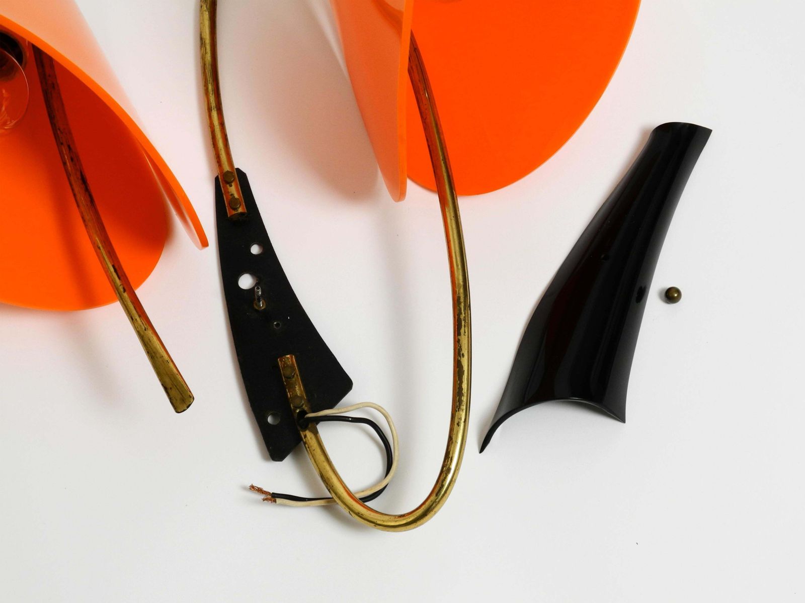 photo for sale Large Italian Mid Century Brass Wall Lamp With Orange Acrylic Glass Shades