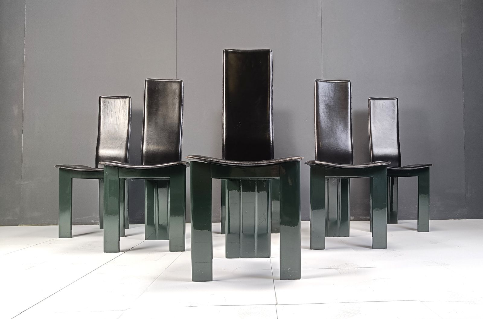 photo furniture Set Of 6 Italian Leather And Green Lacquer Dining Chairs, 1980s
