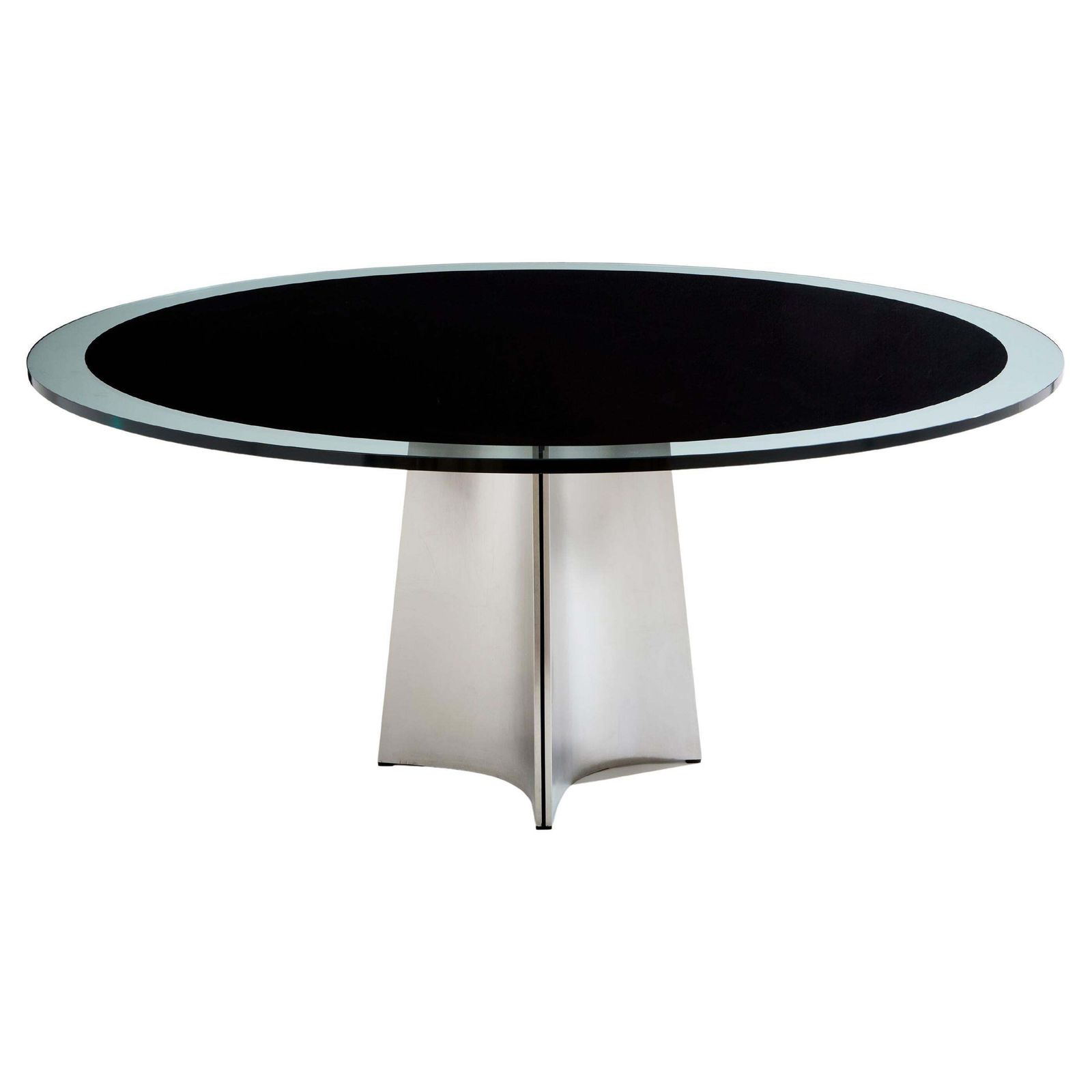Table à manger Arrmet en acier brossé et verre noir, par Luigi Saccardo, années 1970