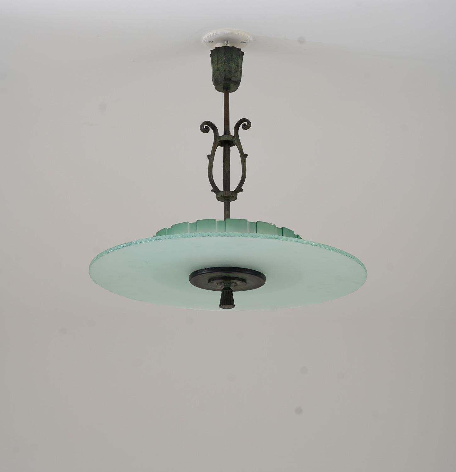 Swedish Art Deco Chandelier In Glass And Patinated Brass photo for sale