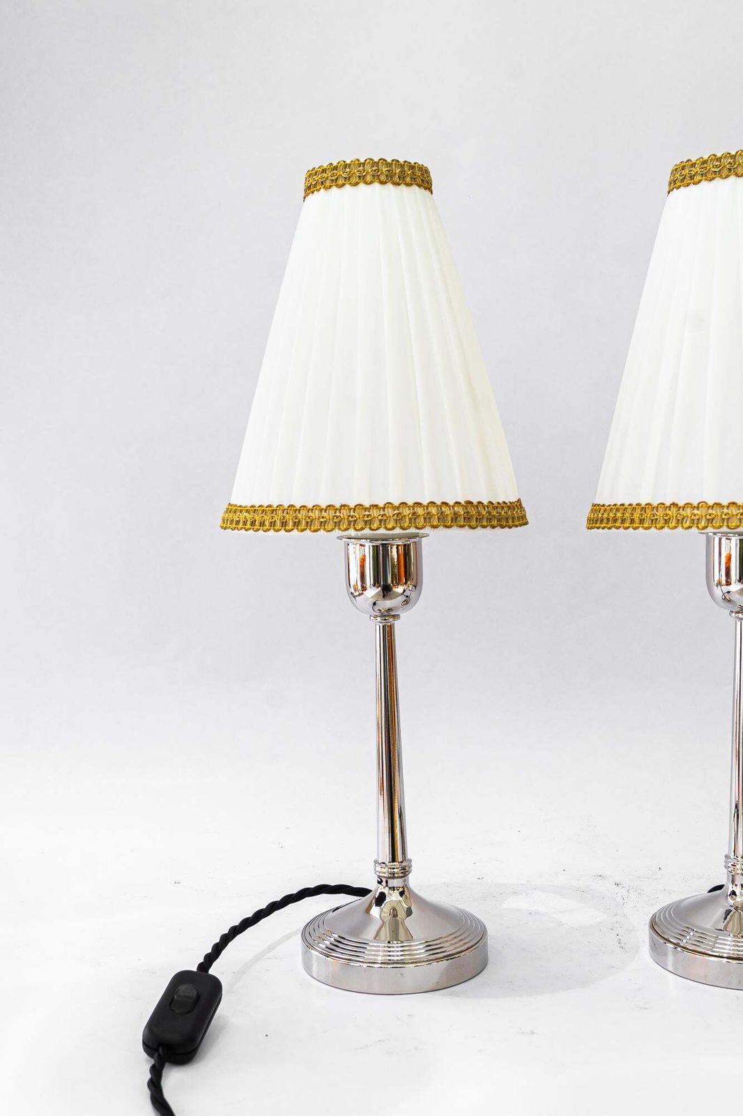 2 Brass Nickel Plated Art Deco Table Lamps With Fabric Shades Vienna Around 1920 photo furniture