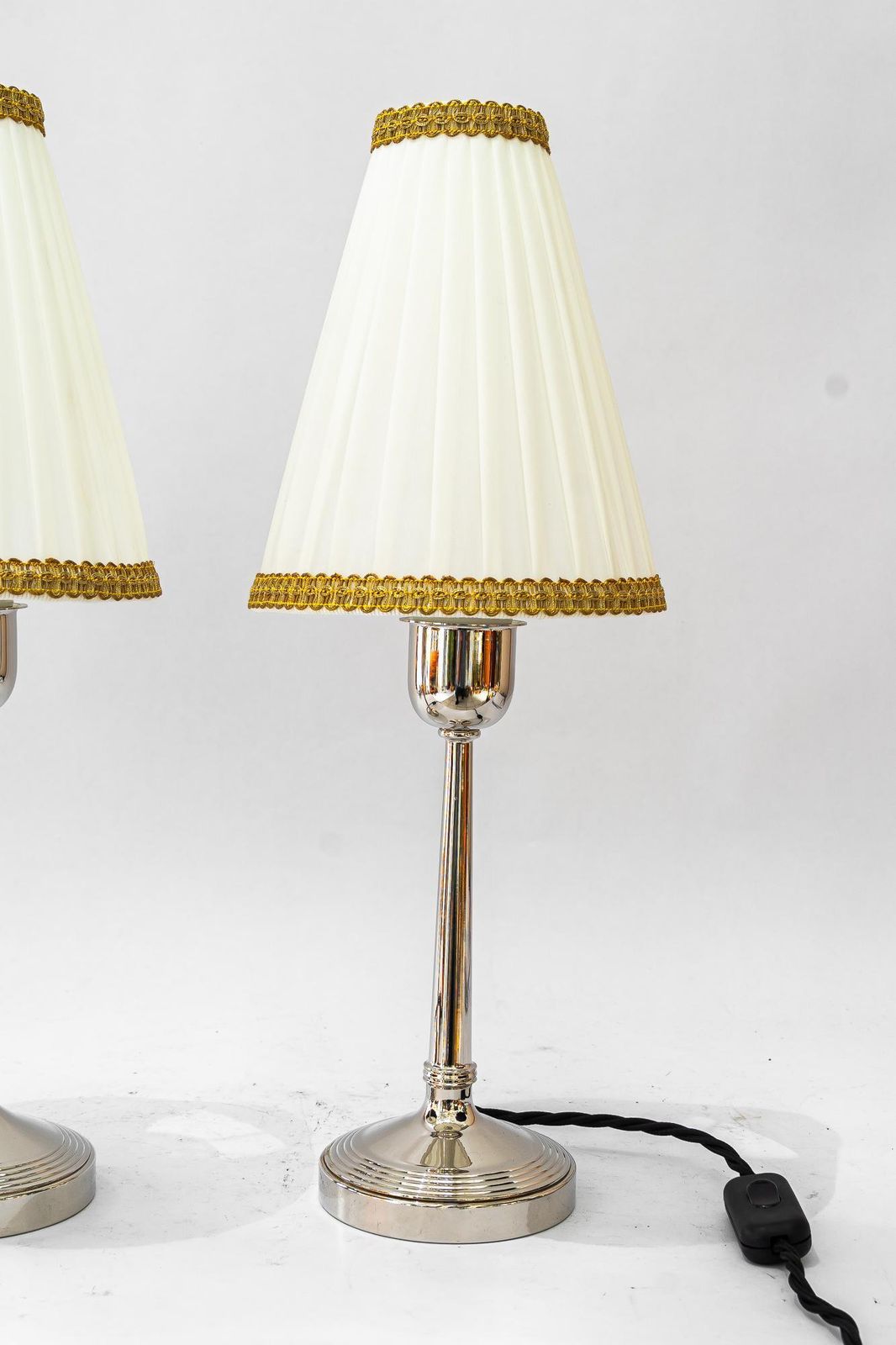 2 Brass Nickel Plated Art Deco Table Lamps With Fabric Shades Vienna Around 1920 photo for sale