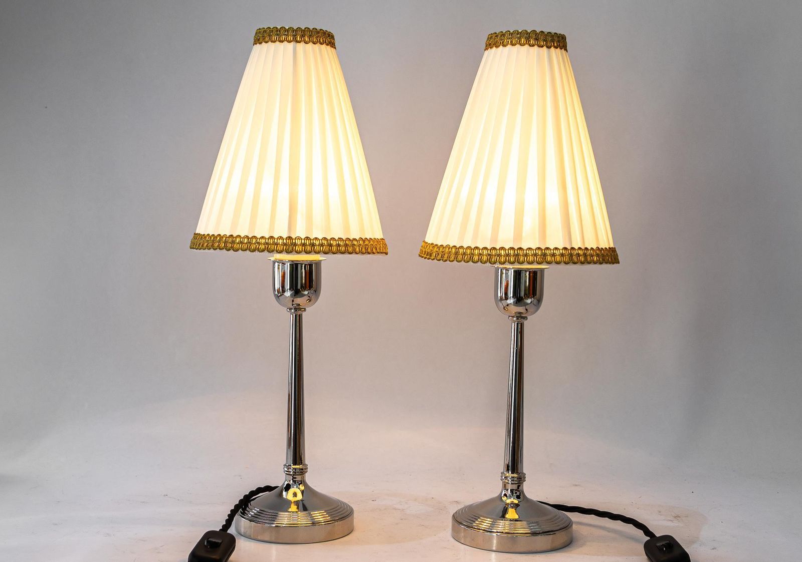 Lighting 2 Brass Nickel Plated Art Deco Table Lamps With Fabric Shades Vienna Around 1920 photo