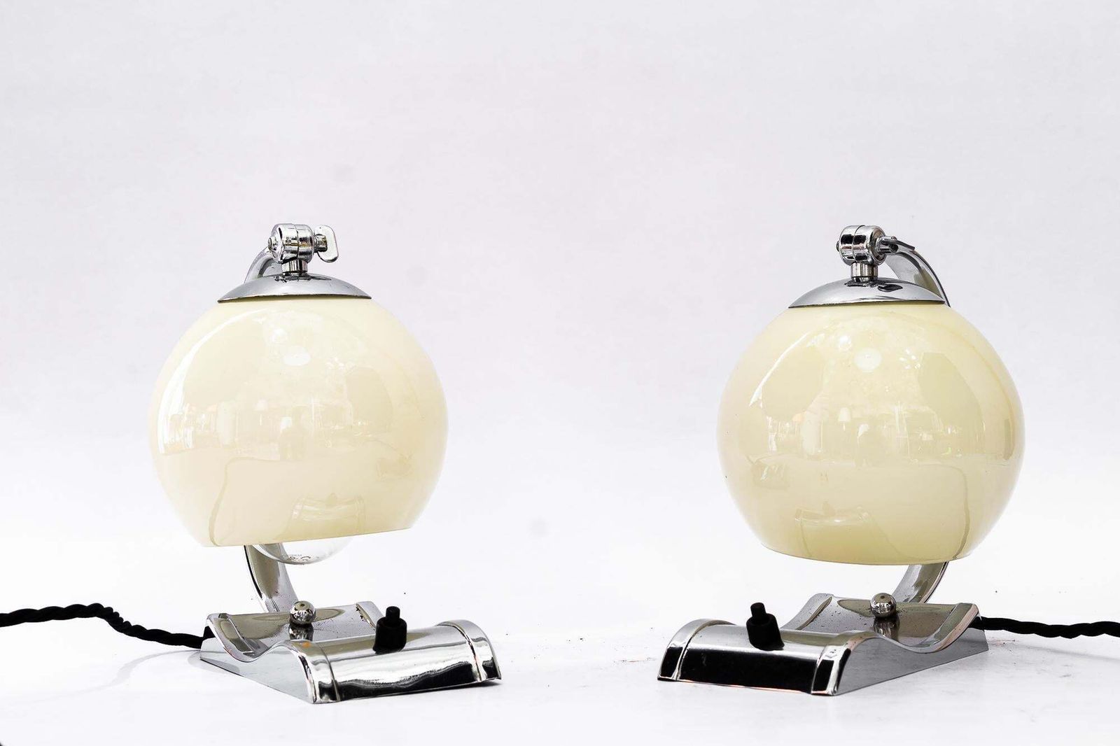 2 Art Deco Chromed Table Lamps With Original Old Glass Shades Around 1920s photo vintage