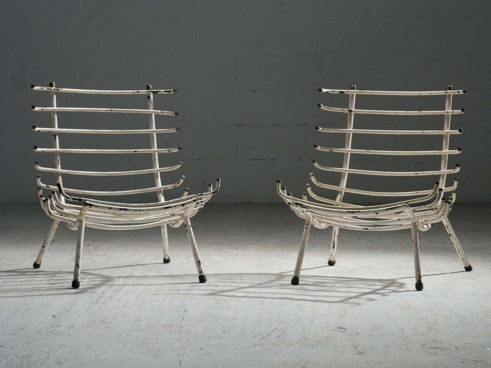 Set Of Two White Rib Chairs In Metal And Brass, Brazil, 1950's photo furniture