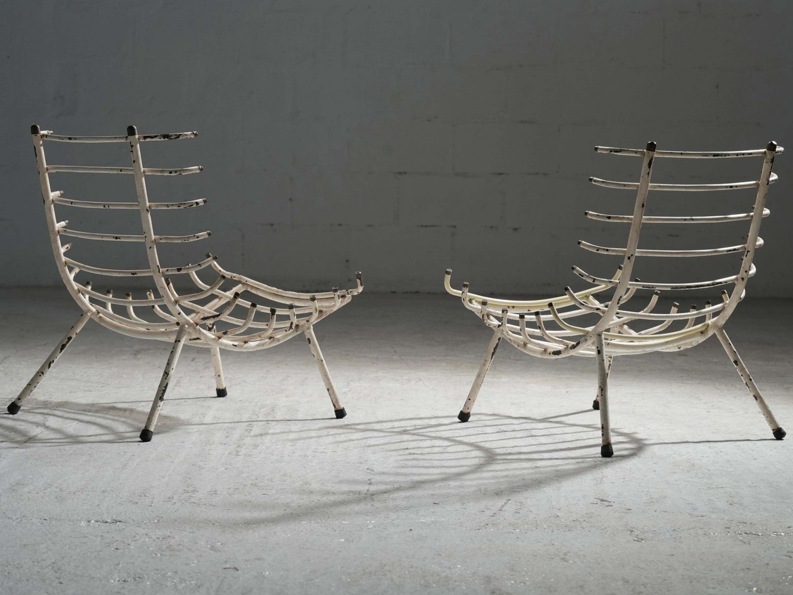 Set Of Two White Rib Chairs In Metal And Brass, Brazil, 1950's photo vinterior