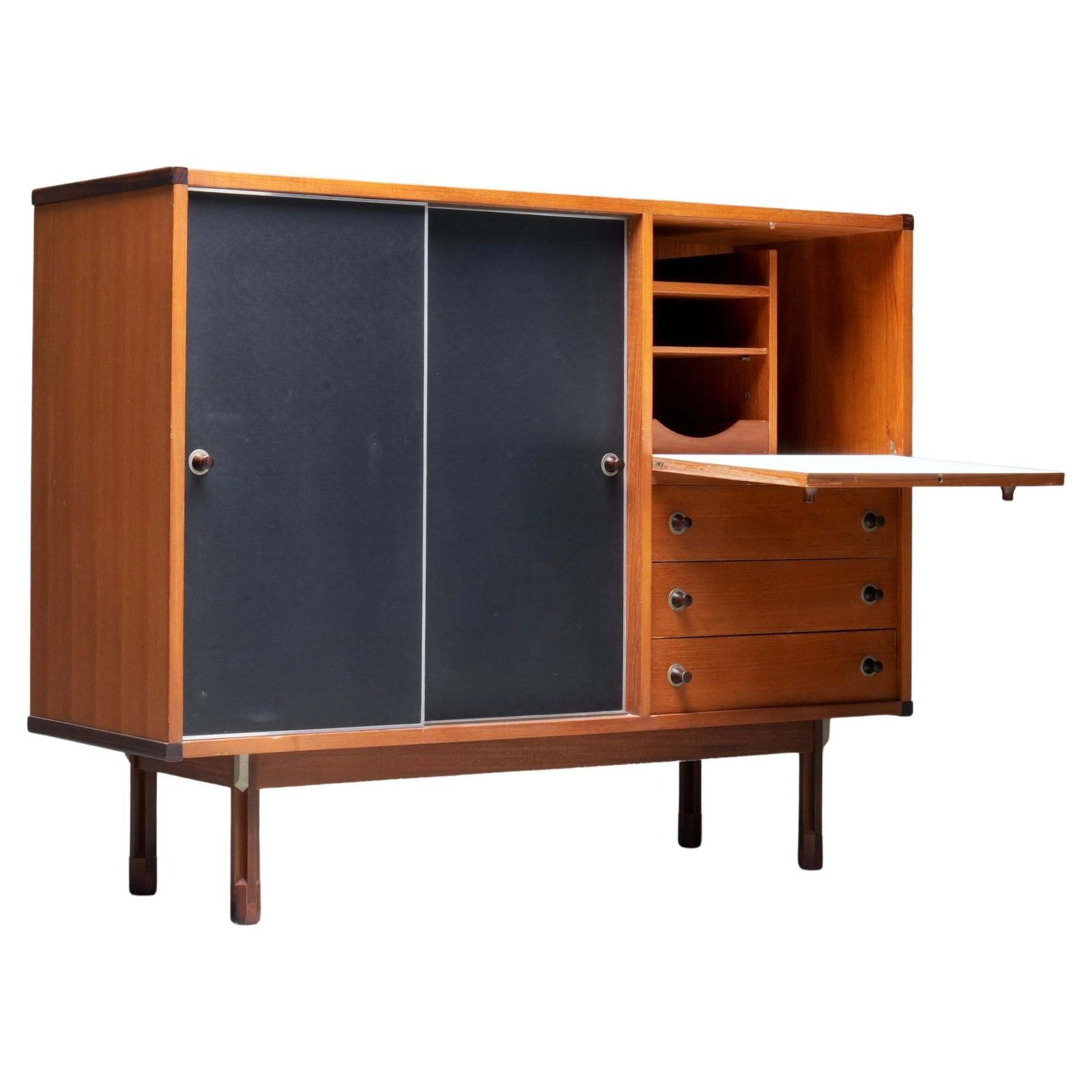 Italian Cabinet/ Secretary In Teak, Metal And Black Laminate, 1960's.