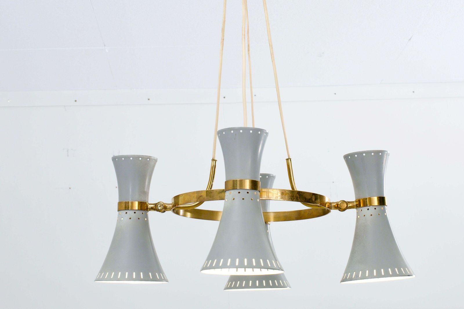 Ceiling Lamp With 4 Diabolo Shades In Brass And Metal, Italy, 1960's photo for sale