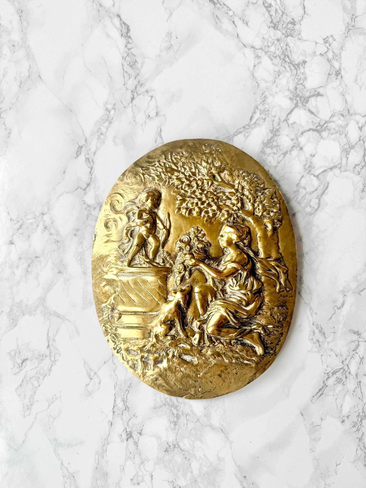 Antique Large Oval Cast Brass Bas Relief Depicting Offering To Love Cupid Rococo Pompadour French Style Tribute To Love Pair Hanging Plaque photo furniture