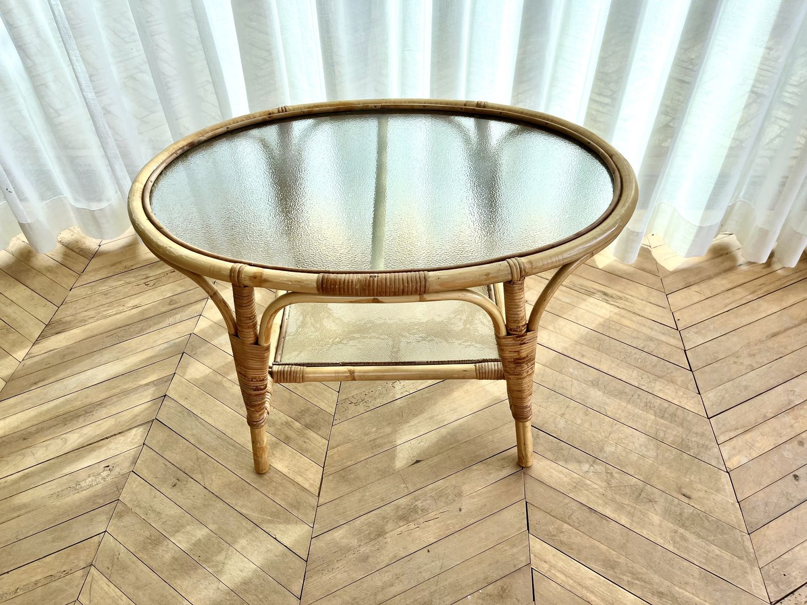 Vintage Bamboo, Cane & Mottled Glass Two Tier Oval Coffee Table