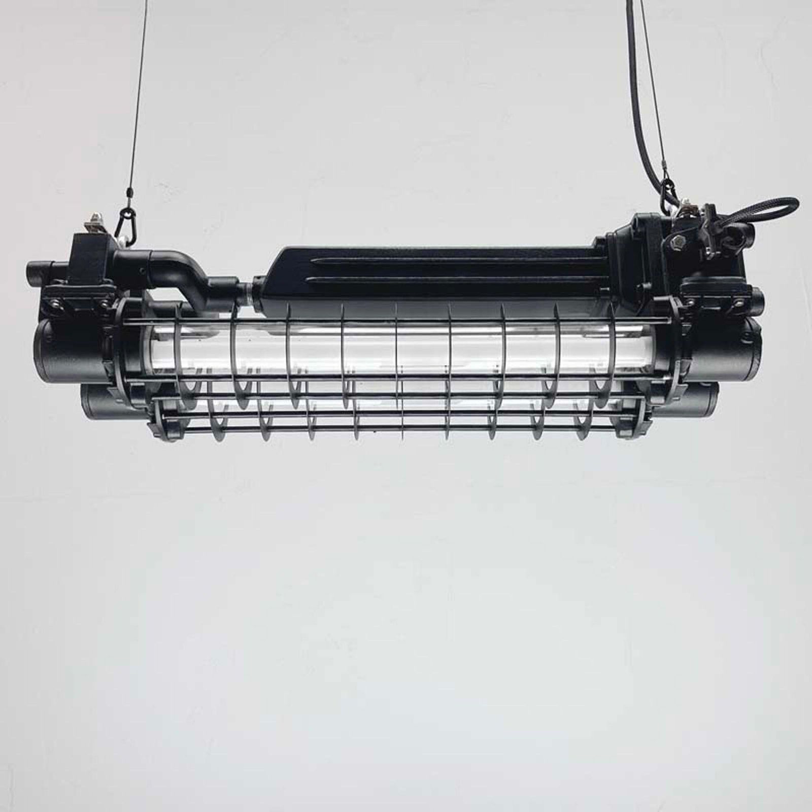 Late Century Industrial Flameproof Tube Light With Cage   Black & Brass Finish photo for sale