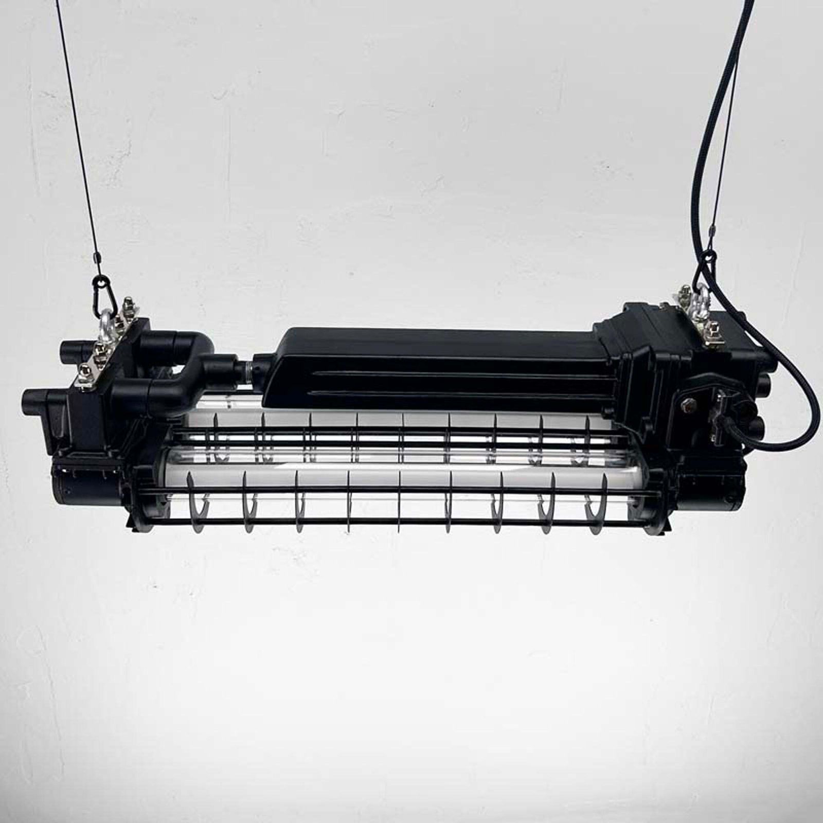 Late Century Industrial Flameproof Tube Light With Cage   Black & Brass Finish photo vinterior