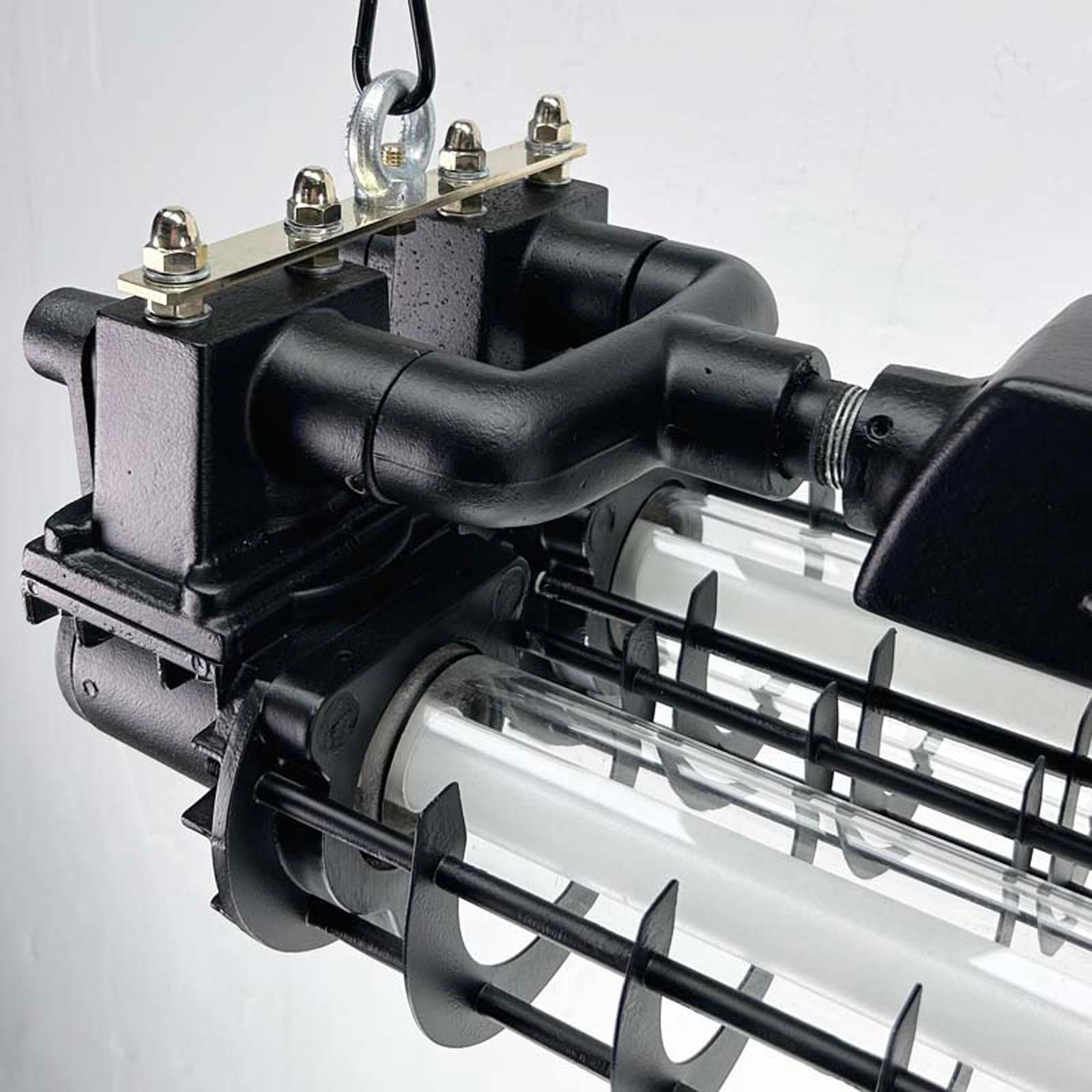 Late Century Industrial Flameproof Tube Light With Cage   Black & Brass Finish photo buy