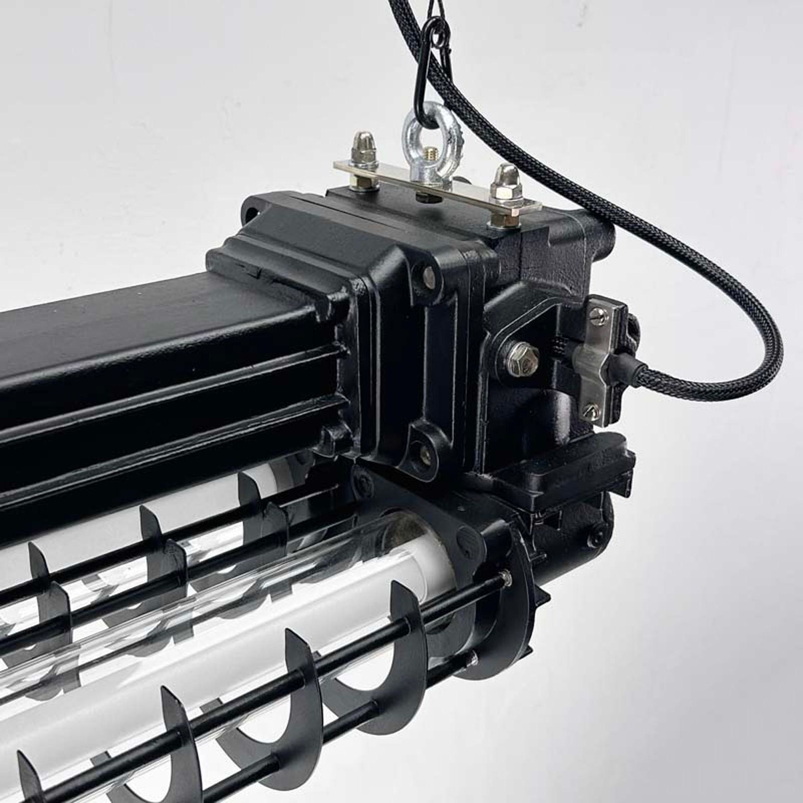 Late Century Industrial Flameproof Tube Light With Cage   Black & Brass Finish photo vintage