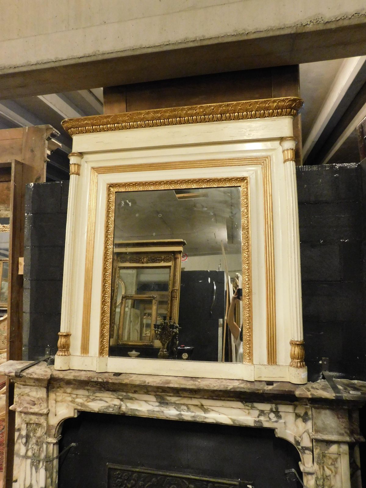 Beige And Gilded Lacquered Wooden Mirror With Carved Side Columns, France photo for sale