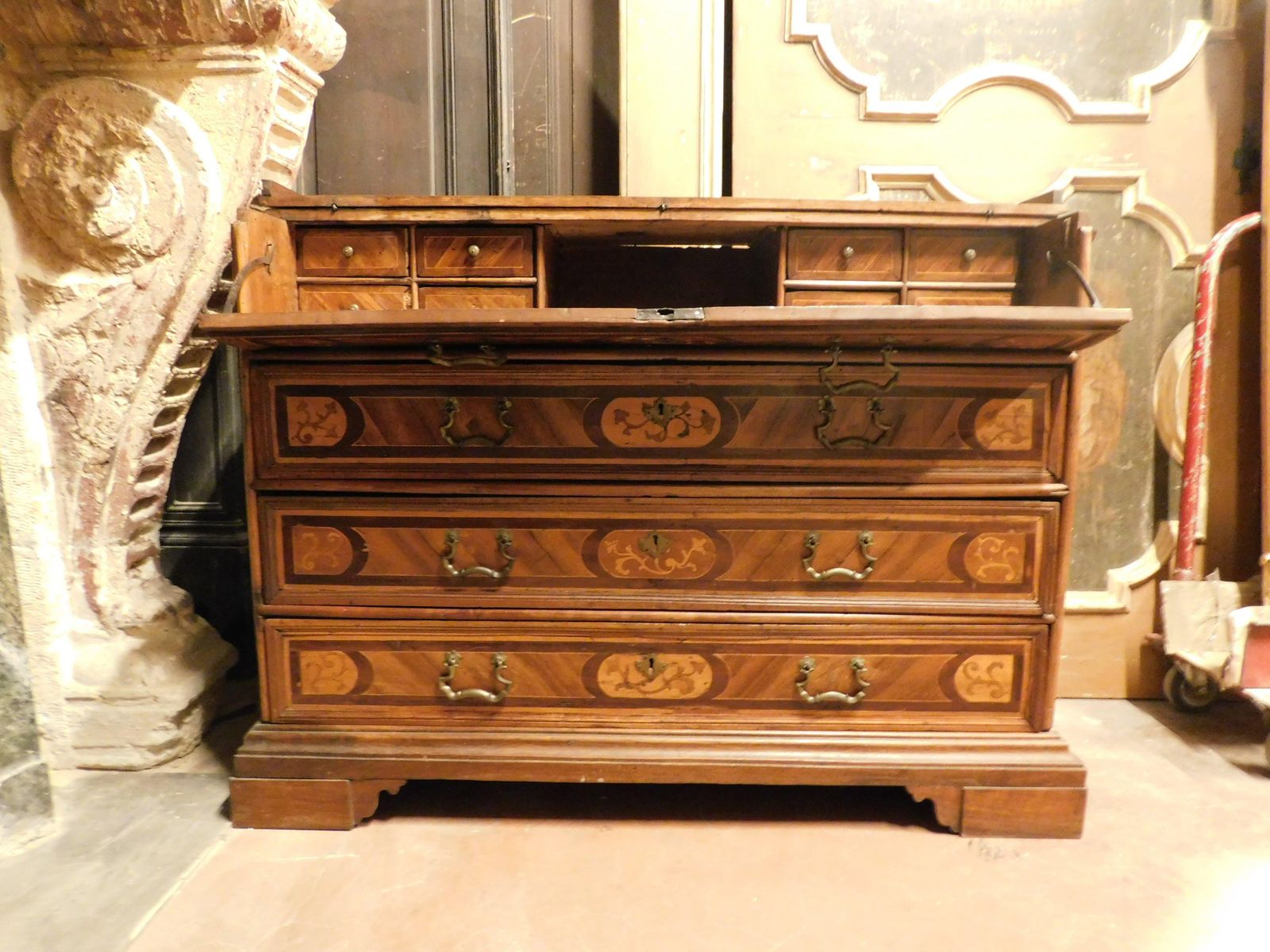Folding Chest Of Drawers In Walnut With Inlays, Italy photo for sale