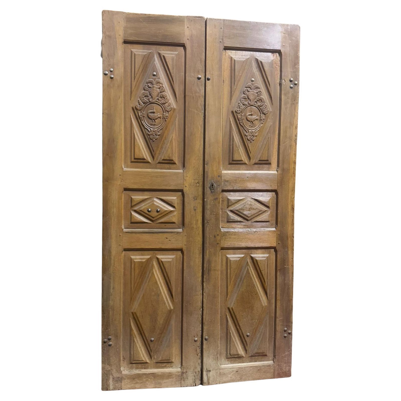 Entrance Door In Walnut, With Two Doors And Carved Panels, Italy