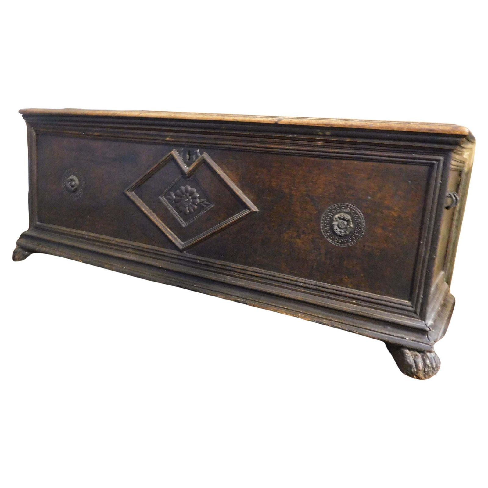 Chest In Walnut Wood, Carved With Three Flowers And Lion's Paw Feet, Italy