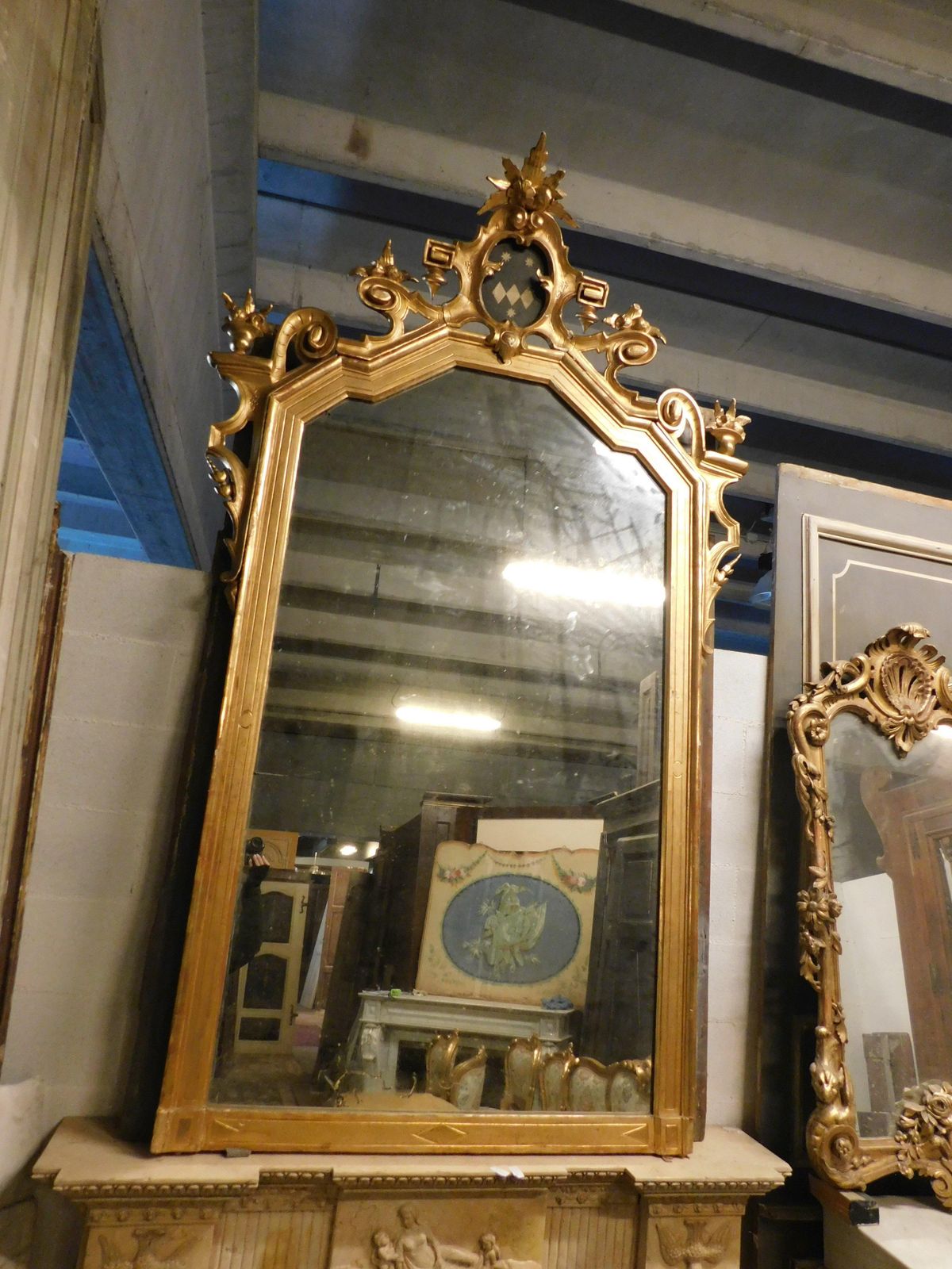 Large Gilded Wooden Mirror With Carved Top Centered By A Coat Of Arms, Italy photo 3006.0