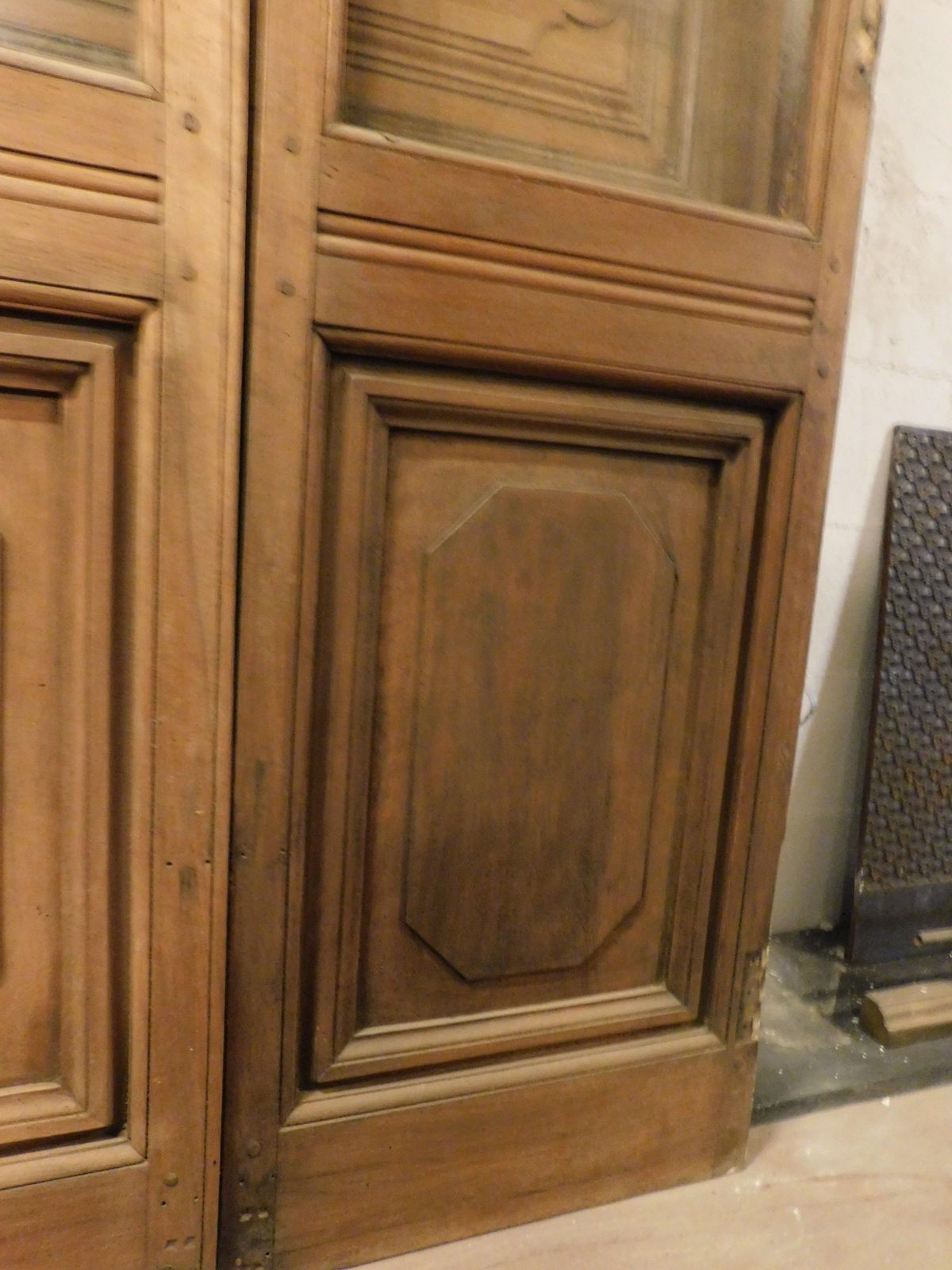 Double Glass Door In Wood With Carved Lower Panel, To Be Restored, Italy photo 2147.0