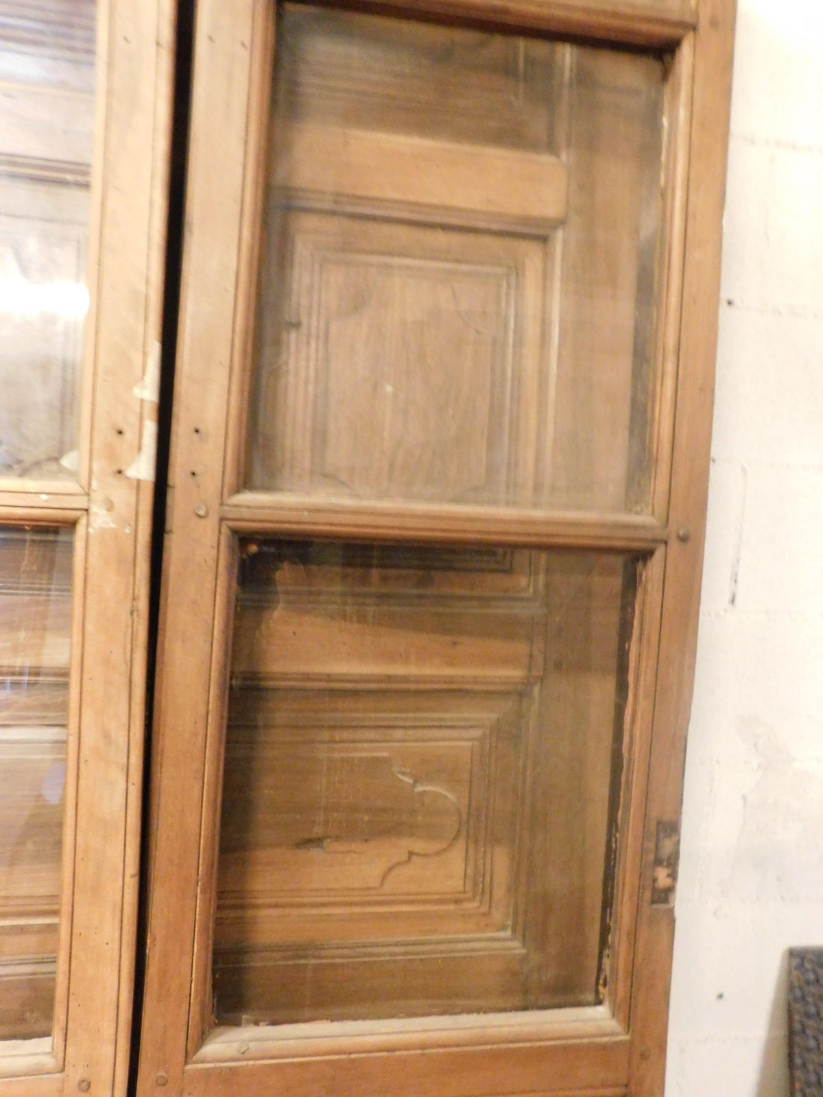 Double Glass Door In Wood With Carved Lower Panel, To Be Restored, Italy photo vinterior