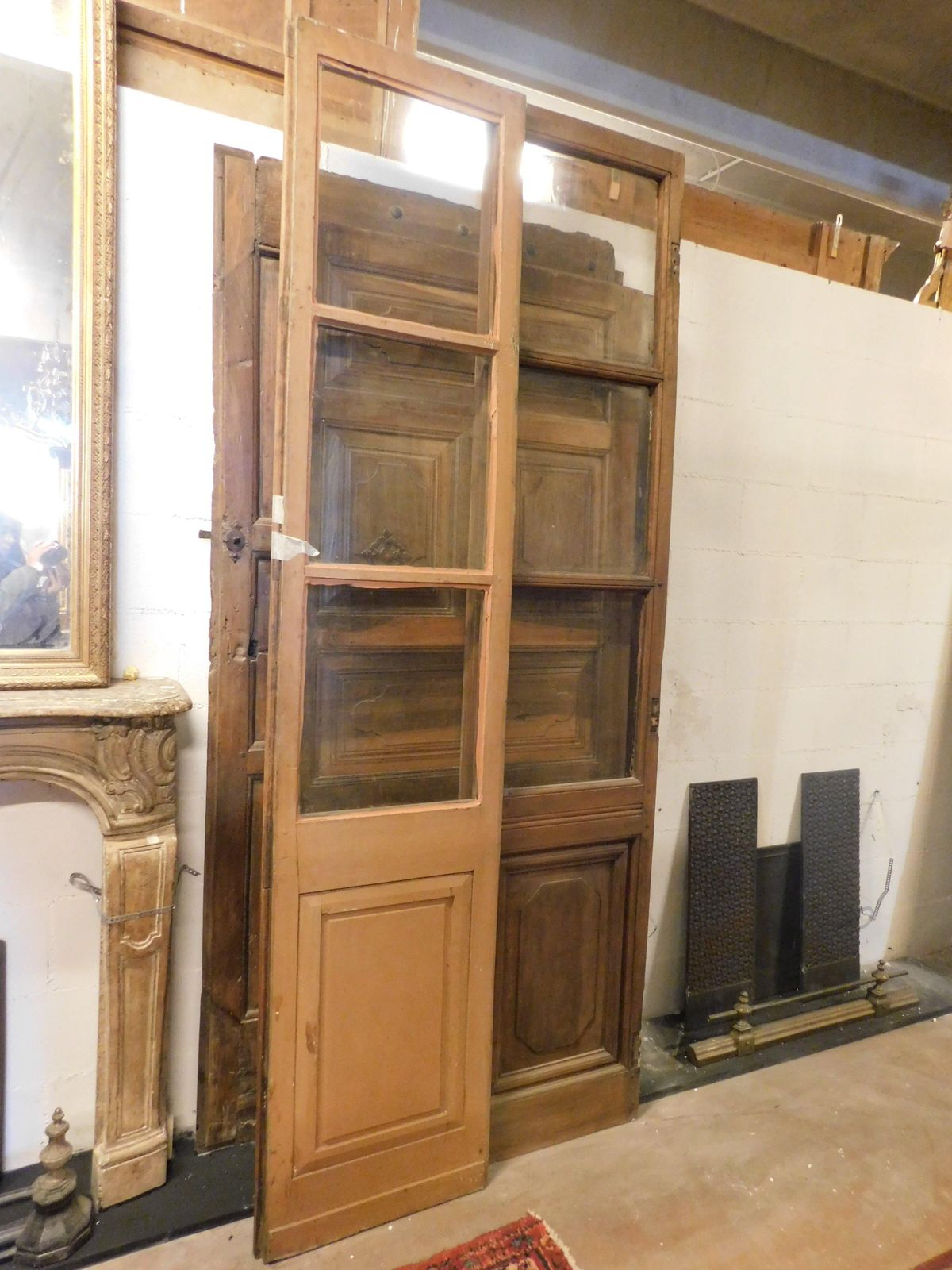 photo furniture Double Glass Door In Wood With Carved Lower Panel, To Be Restored, Italy