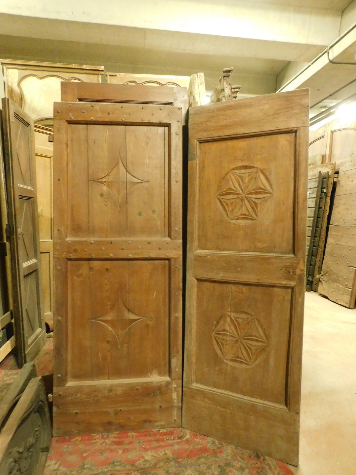 Set Of 2 Single Wooden Doors, Rustic With Carved Panels, Italy photo furniture