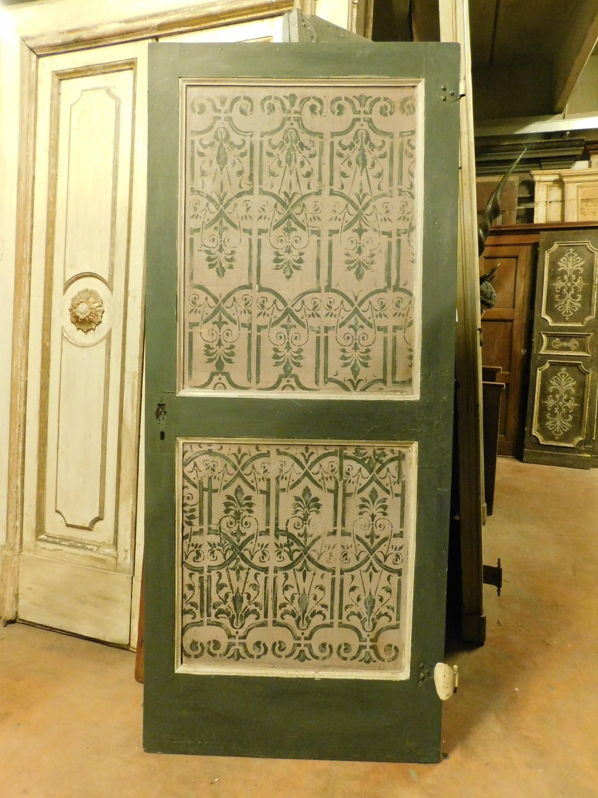 Lacquered And Painted Green Wooden Door With Texture, Italy photo for sale