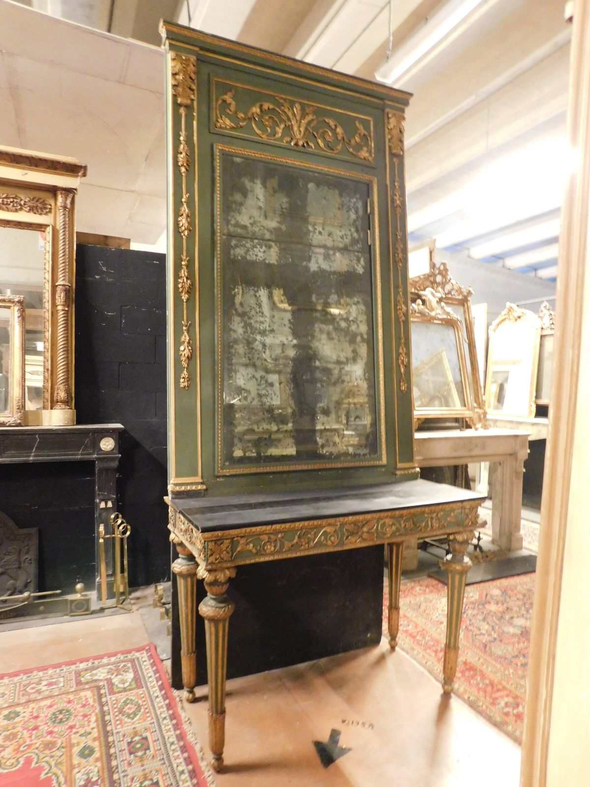 Furniture Green And Gold Lacquered Console Complete With Mirror And Table, France photo