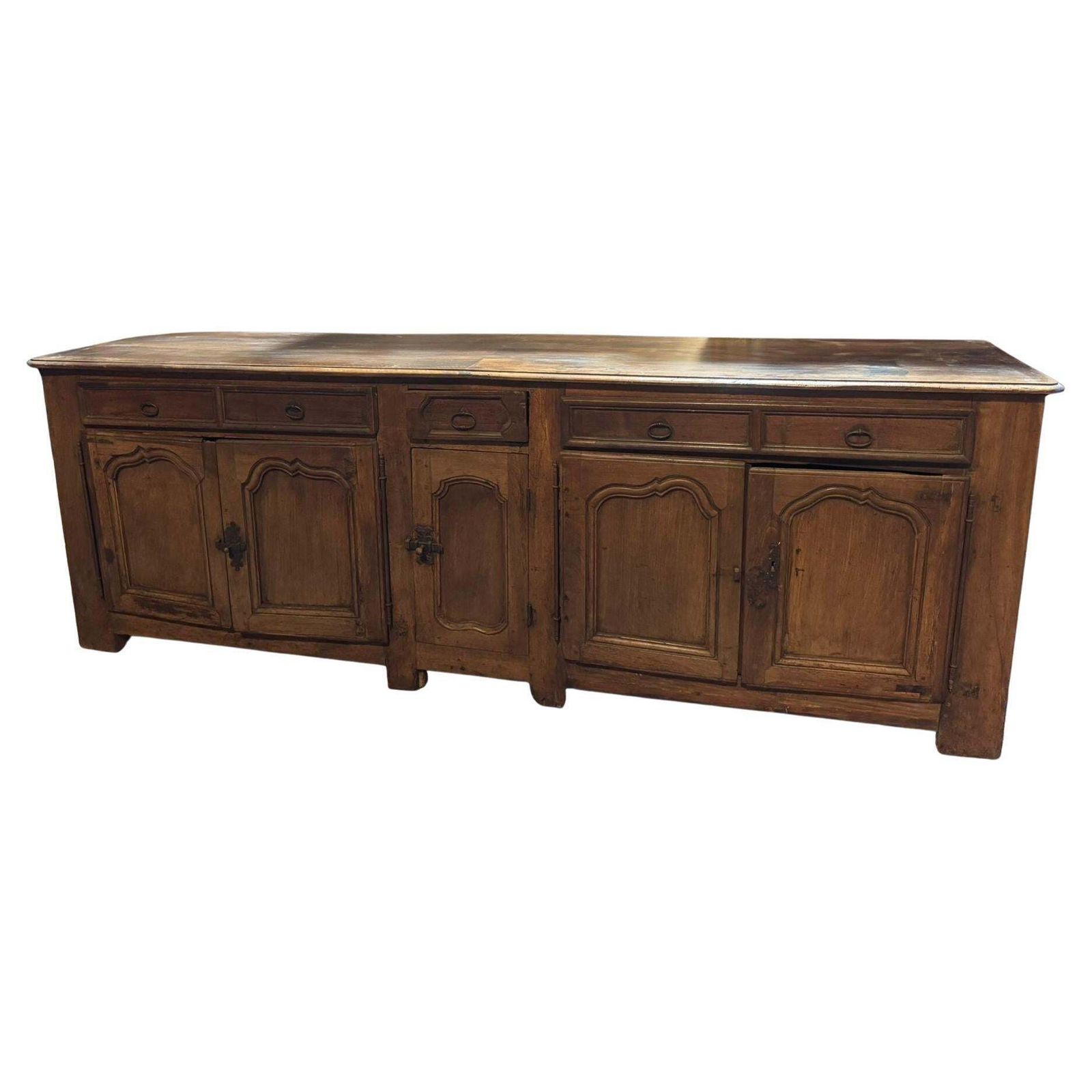 Low Sideboard In Walnut Wood, Five Carved Panel Doors And Five Drawers, France photo furniture