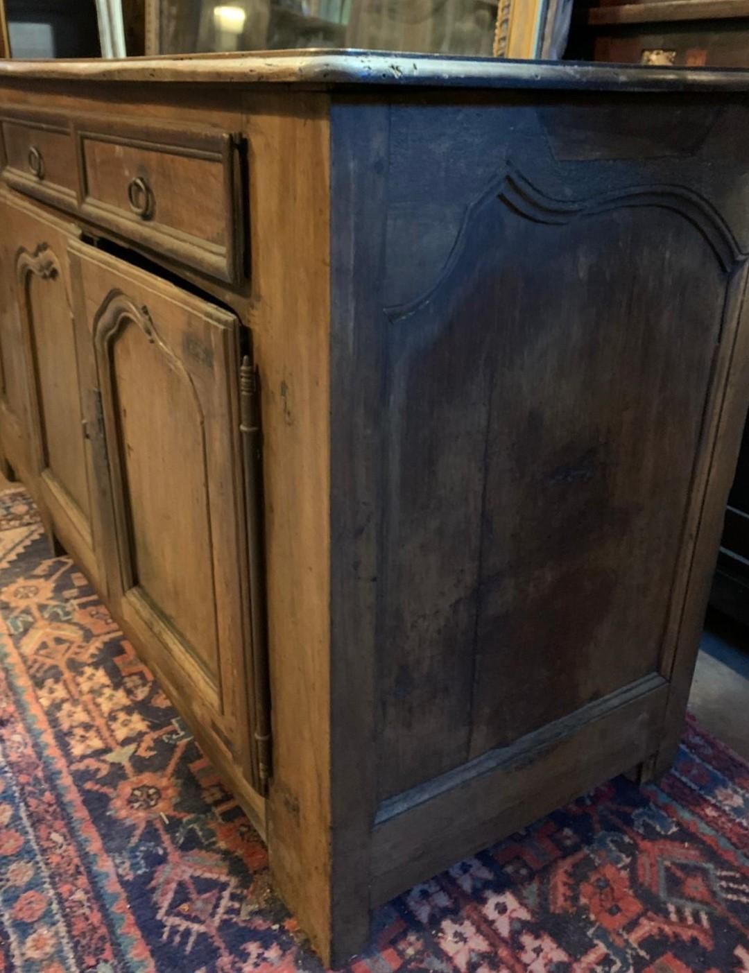 Low Sideboard In Walnut Wood, Five Carved Panel Doors And Five Drawers, France photo 4724.0
