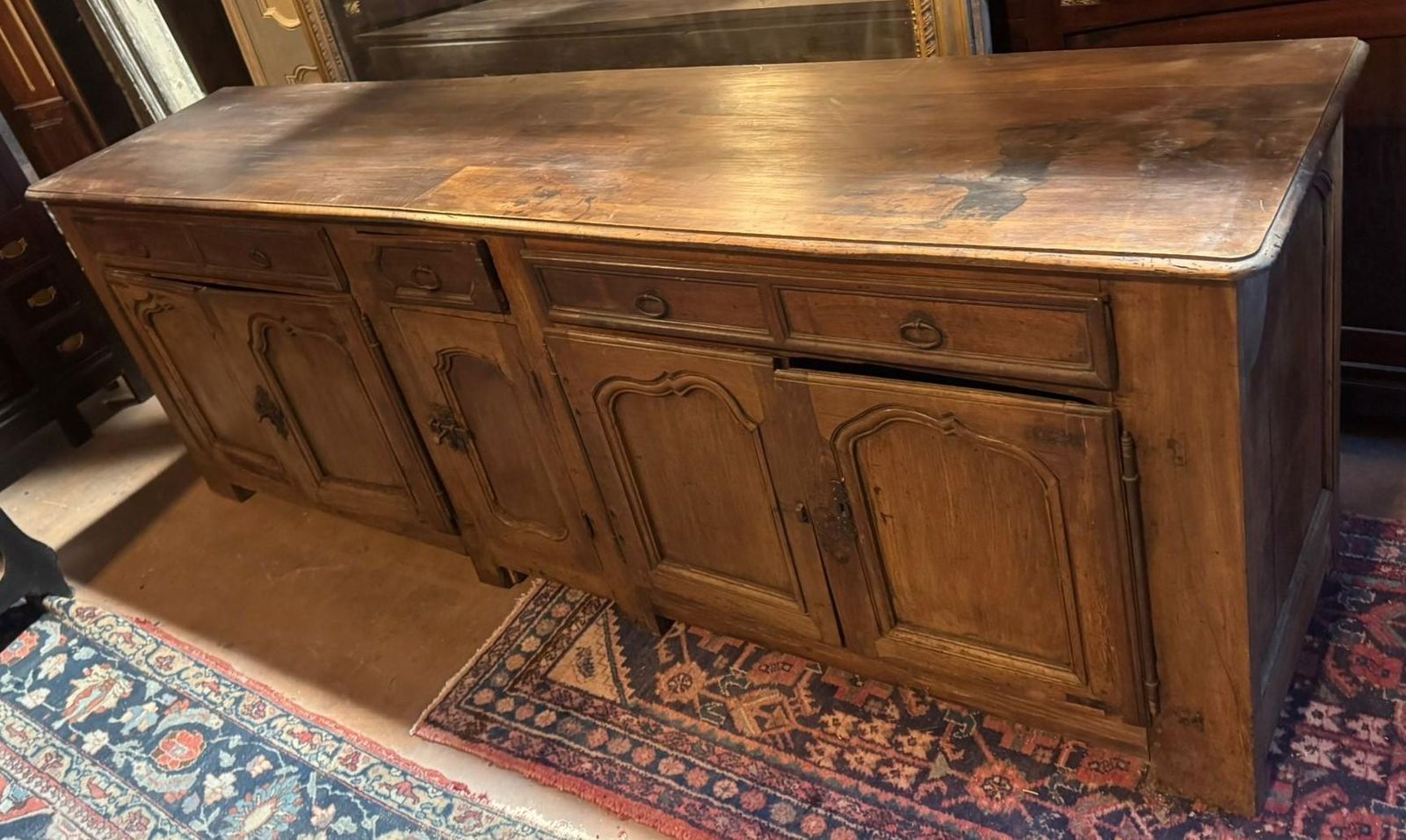 Furniture Low Sideboard In Walnut Wood, Five Carved Panel Doors And Five Drawers, France photo
