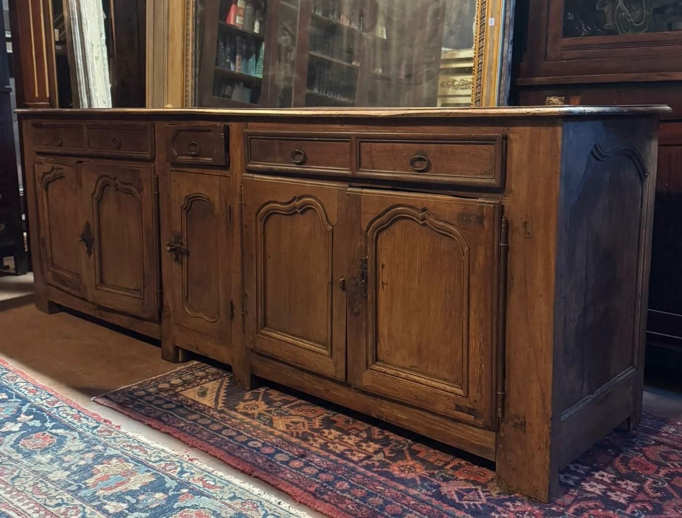 4724.0 Low Sideboard In Walnut Wood, Five Carved Panel Doors And Five Drawers, France photo
