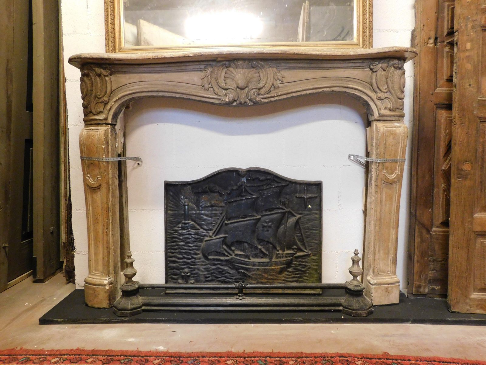 Fireplace Mantle In Carved Burgundy Stone, France photo for sale