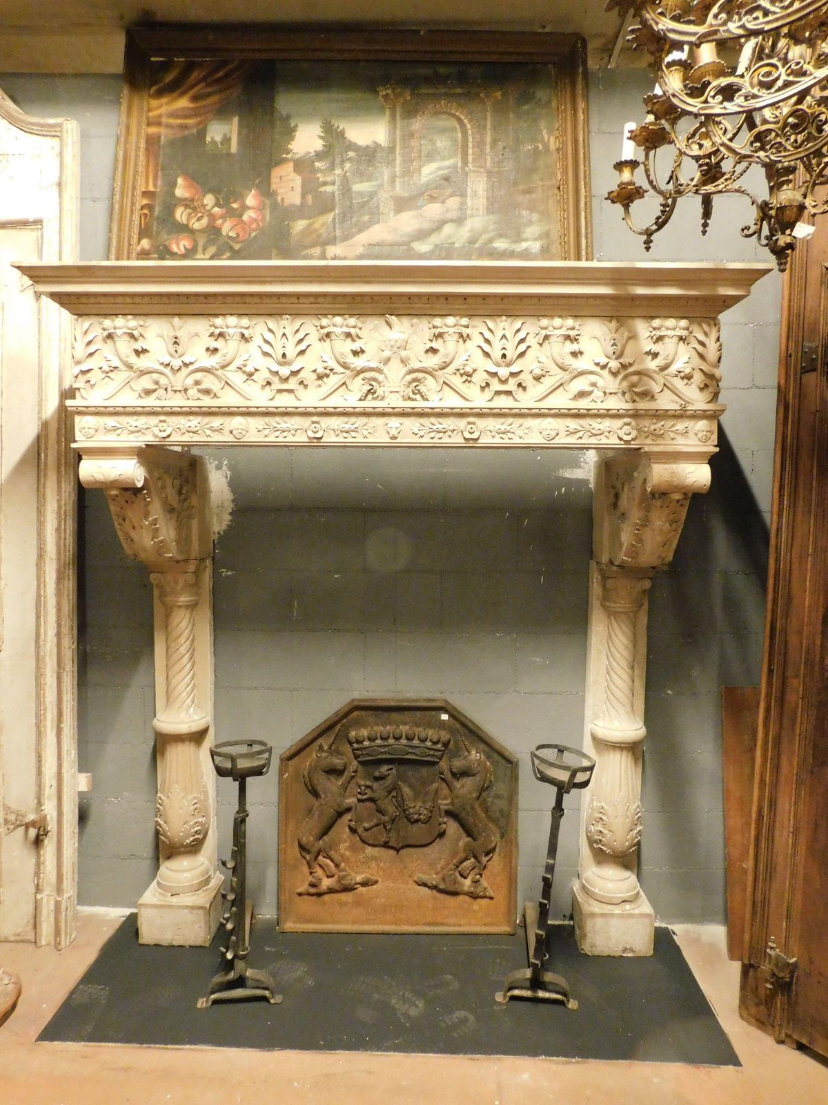 Majestic Eclectic Mantle Fireplace, Richly Carved In Botticino Marble, Italy photo Home Fixtures