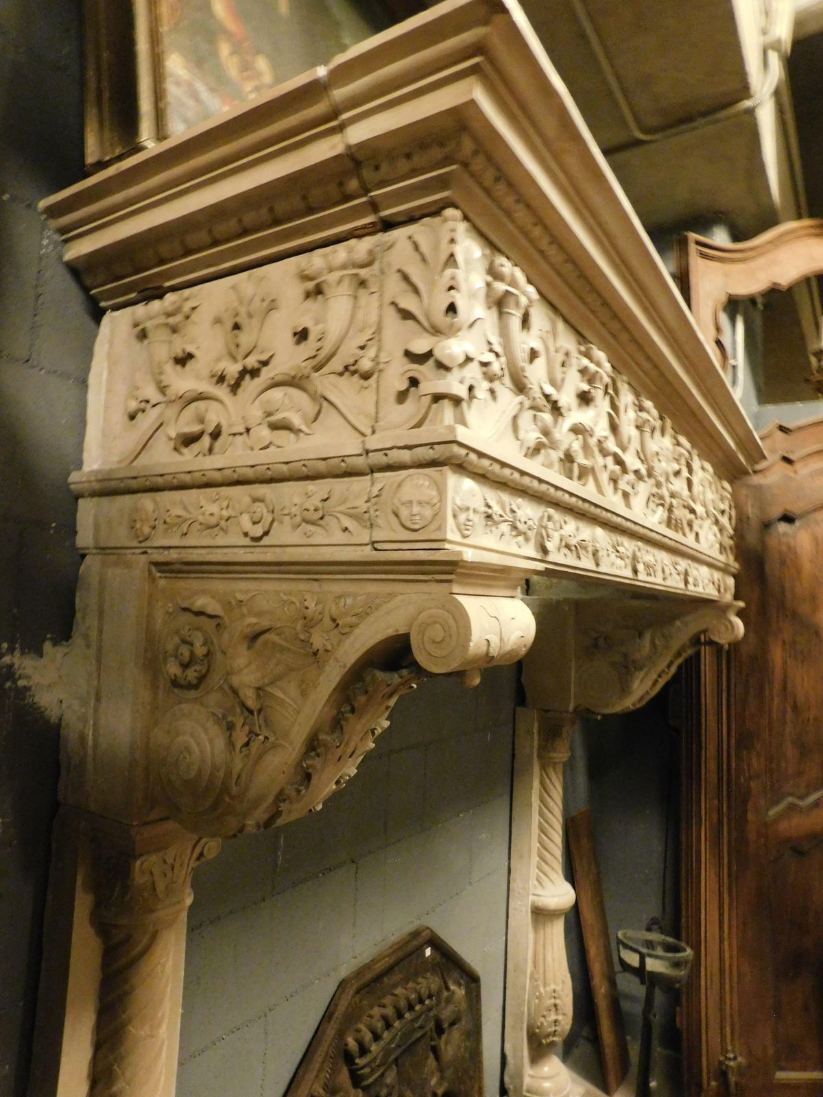 photo buy Majestic Eclectic Mantle Fireplace, Richly Carved In Botticino Marble, Italy