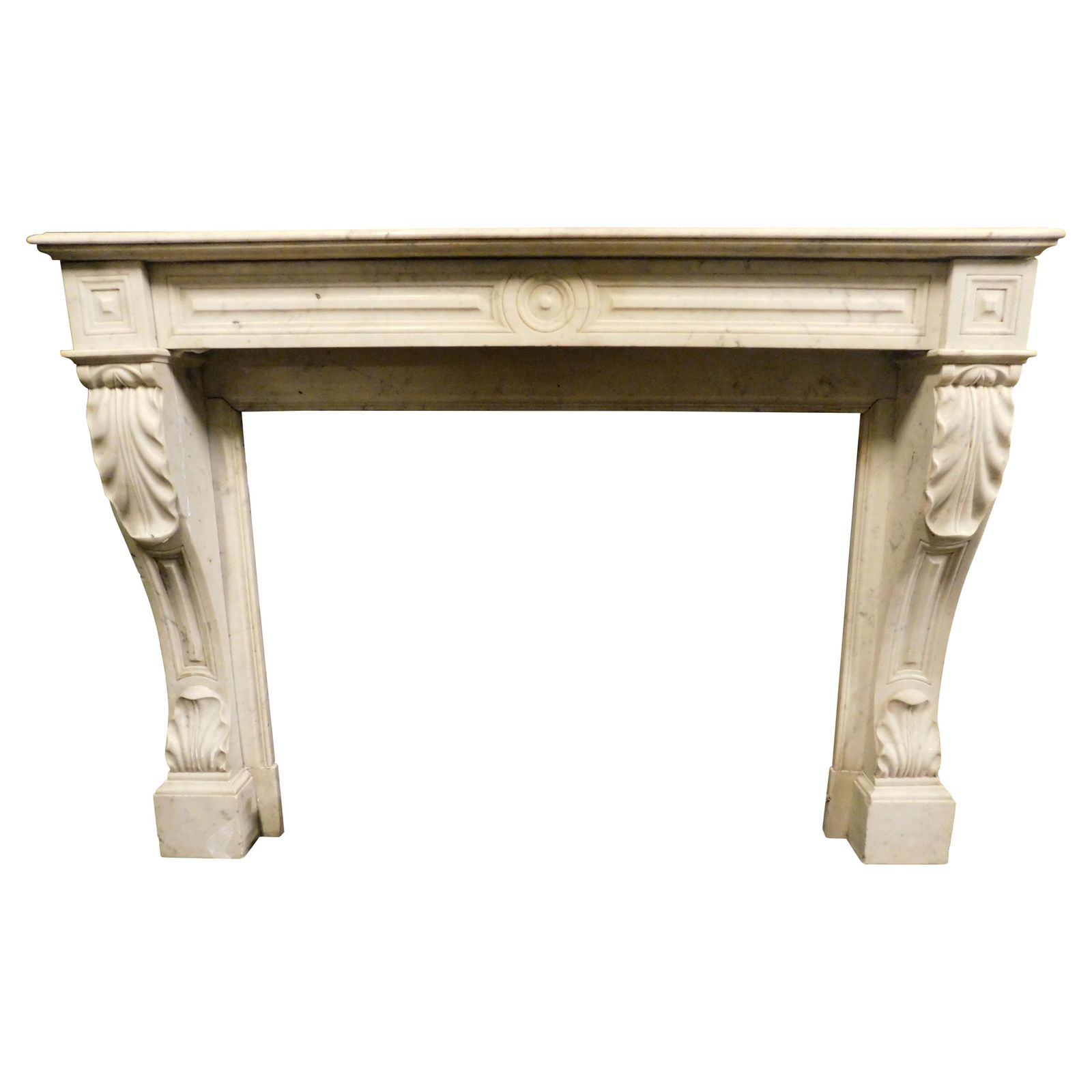 White Carrara Marble Fireplace, With Carved Acanthus Leaves, France