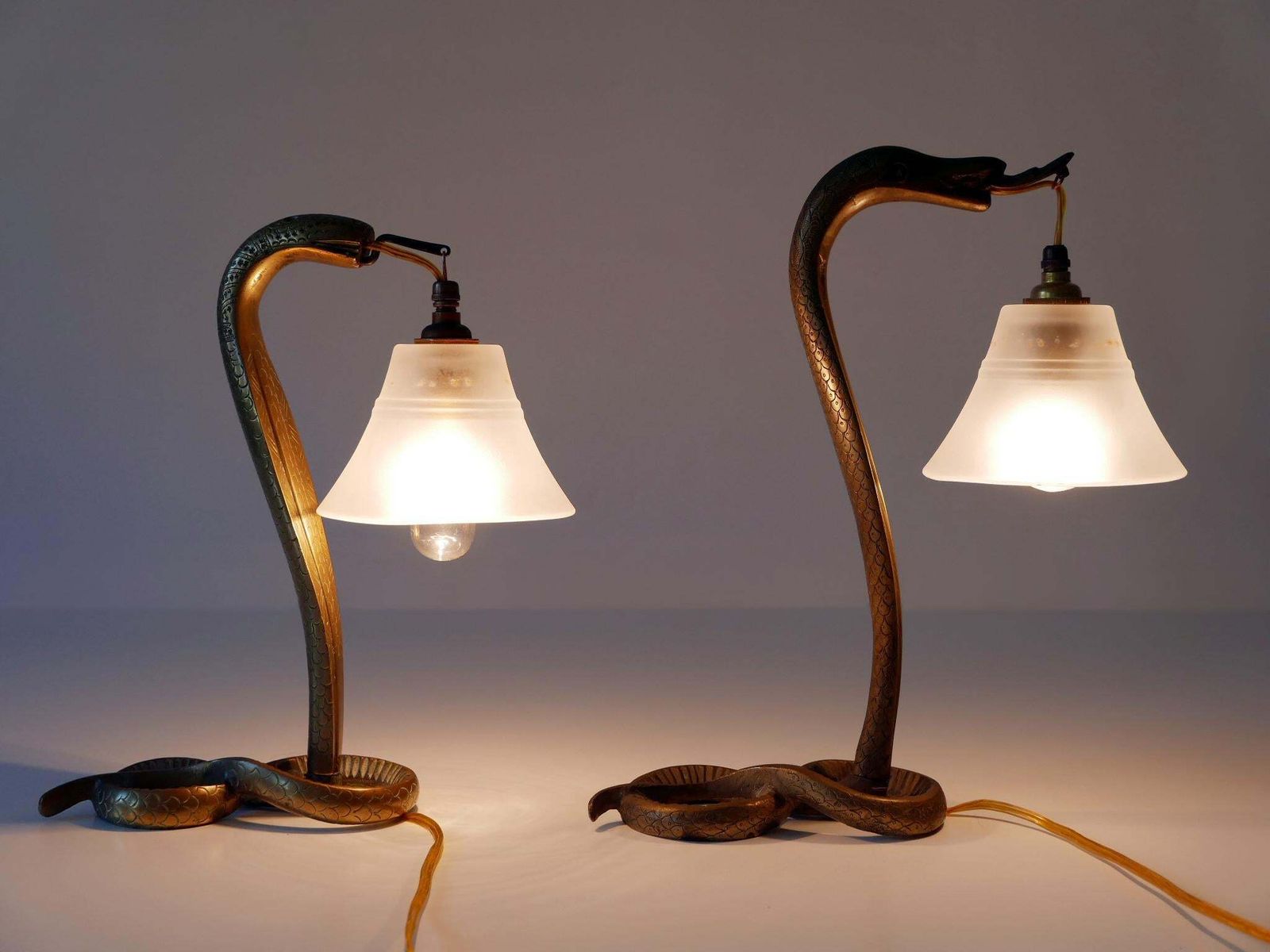 Set Of Two Decorative Art Nouveau Bronze Cobra Table Lamps 1910s photo furniture