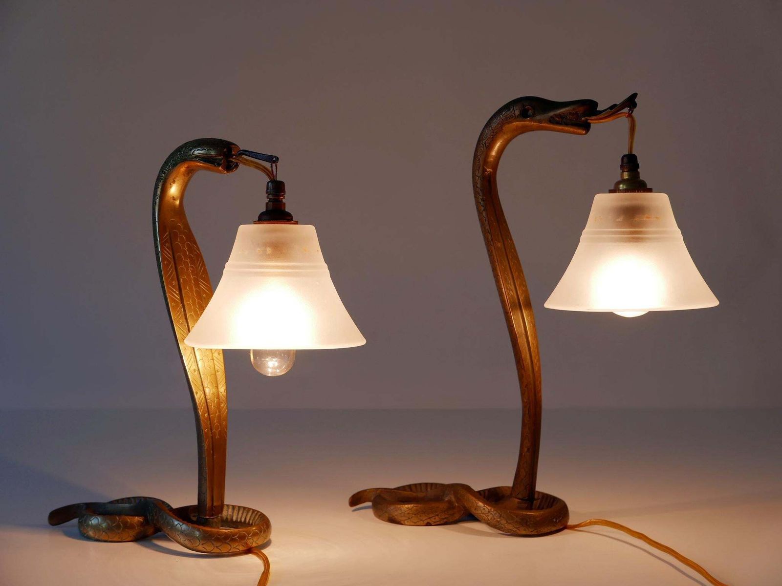 Set Of Two Decorative Art Nouveau Bronze Cobra Table Lamps 1910s photo Lighting