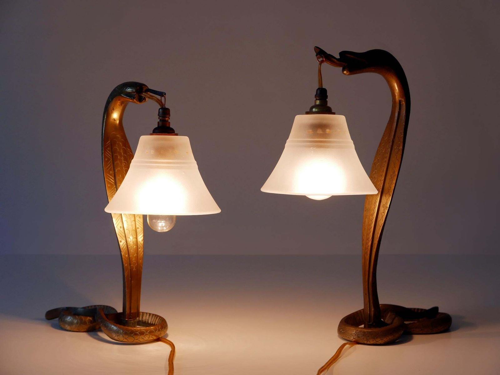 Set Of Two Decorative Art Nouveau Bronze Cobra Table Lamps 1910s photo vinterior