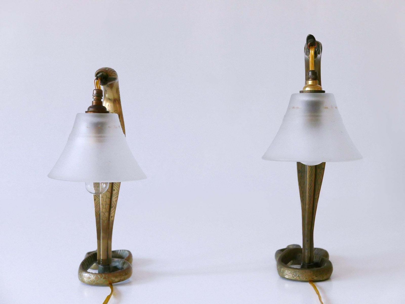 Set Of Two Decorative Art Nouveau Bronze Cobra Table Lamps 1910s photo vintage