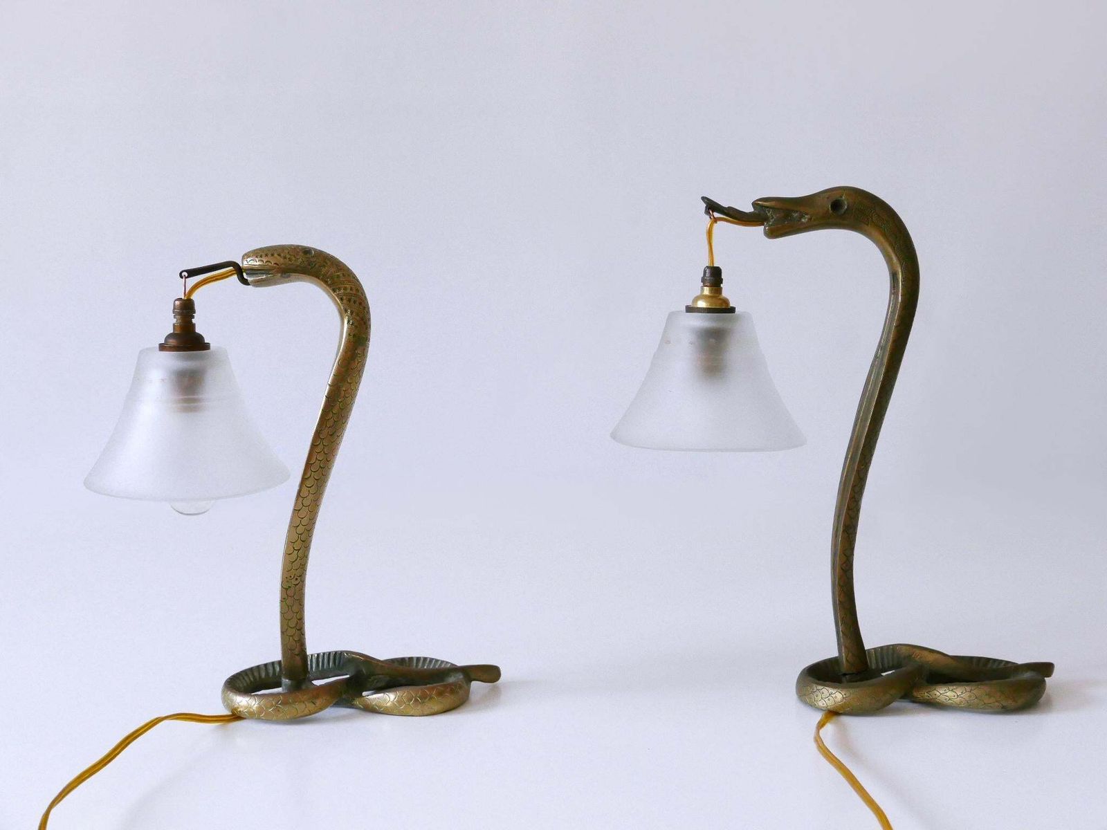 photo for sale Set Of Two Decorative Art Nouveau Bronze Cobra Table Lamps 1910s